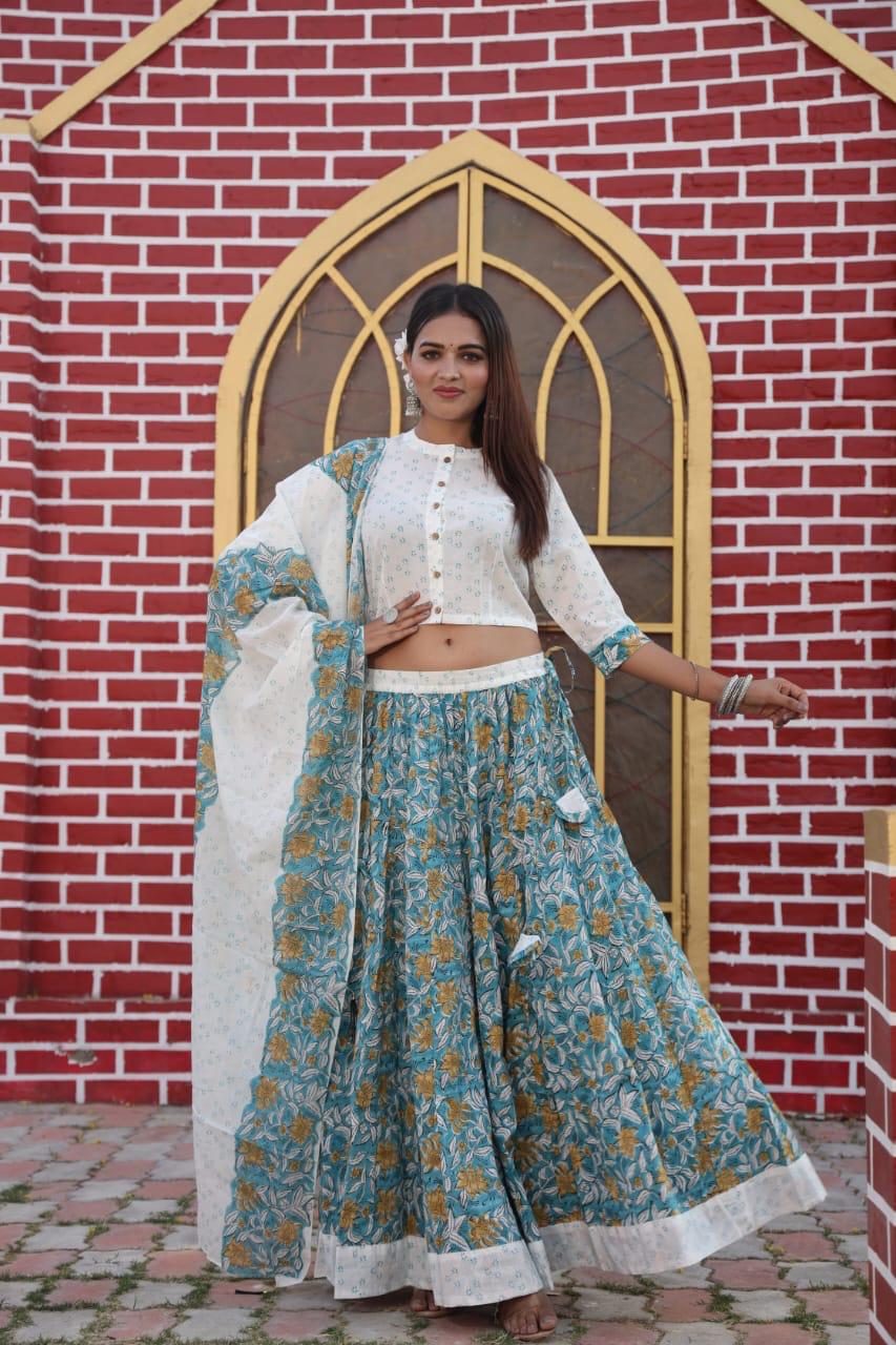 Blue And White Bagru Print Flora lehenga choli Set