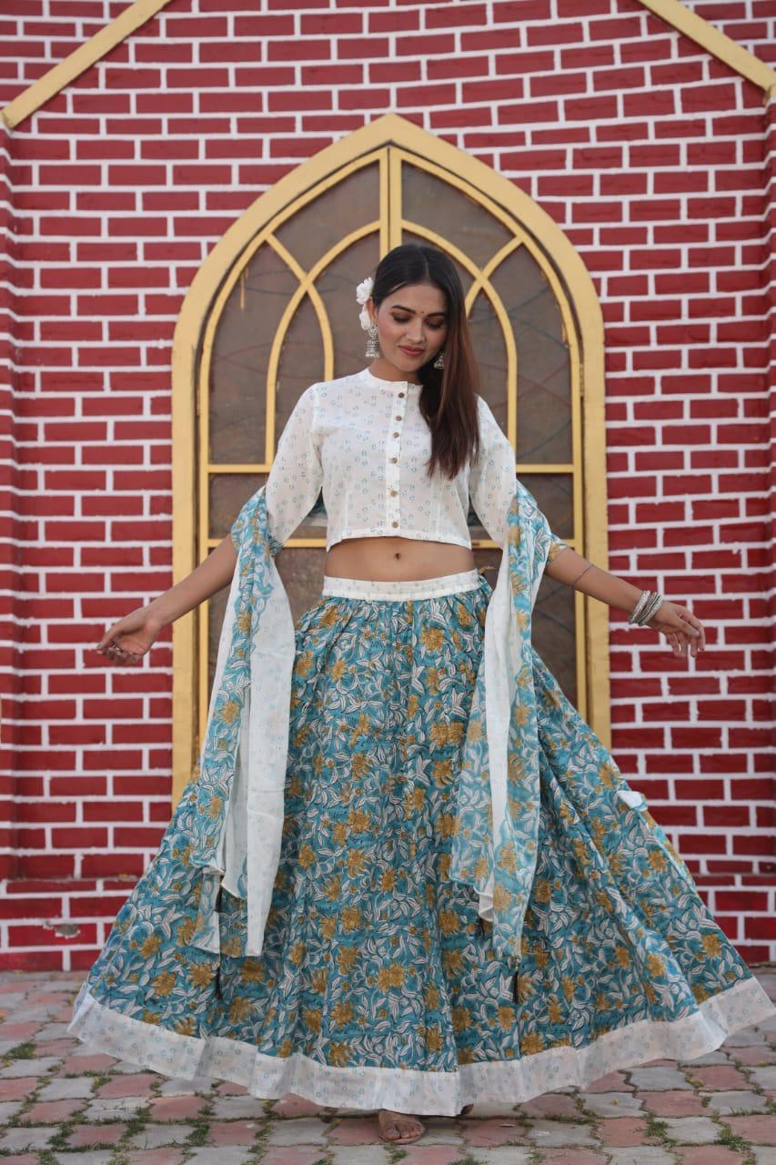 Blue And White Bagru Print Flora lehenga choli Set