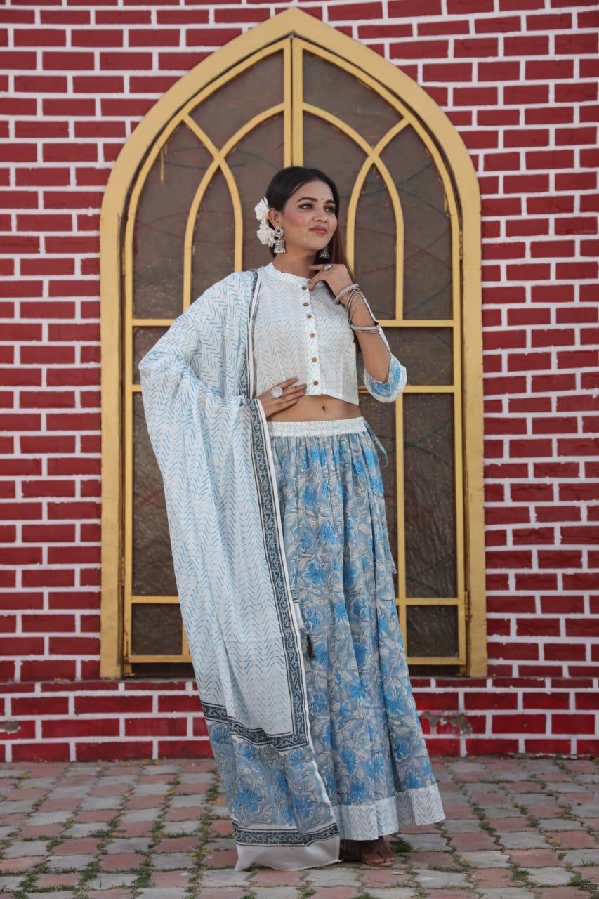 Blue and white Bagru Print lehenga choli Set