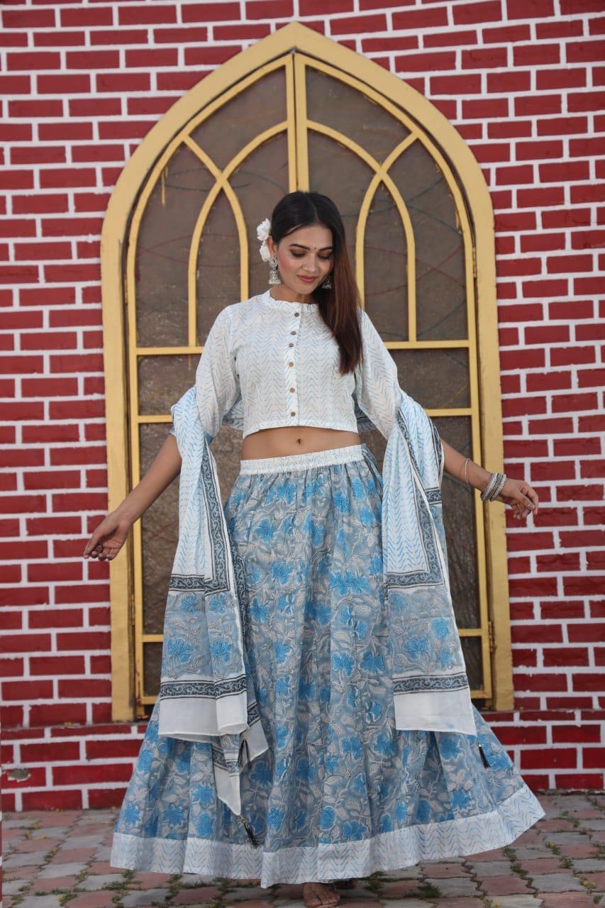 Blue and white Bagru Print lehenga choli Set