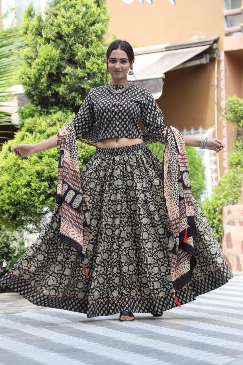 Black Bagru Print Flora lehenga choli Set