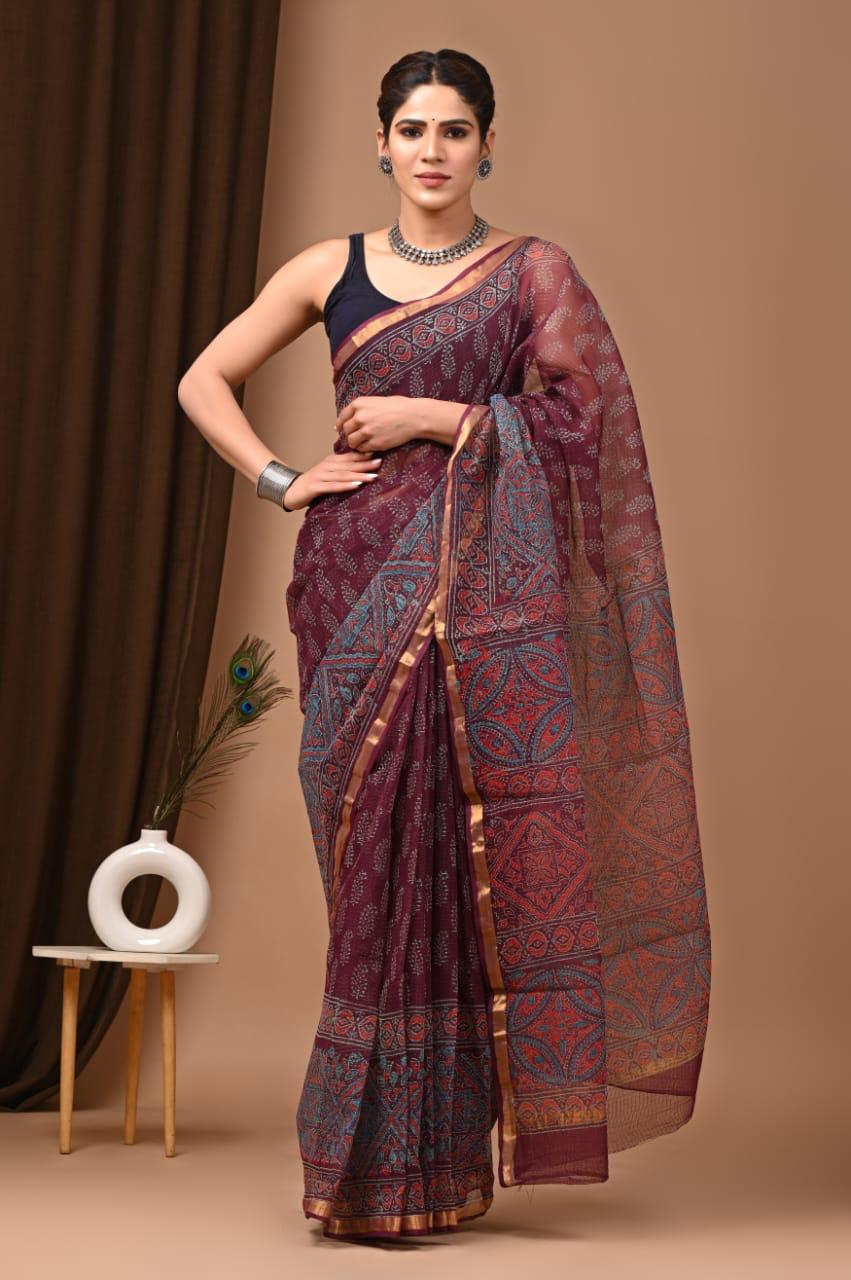 Authentic Maroon White Traditional Kota Doriya Print Saree