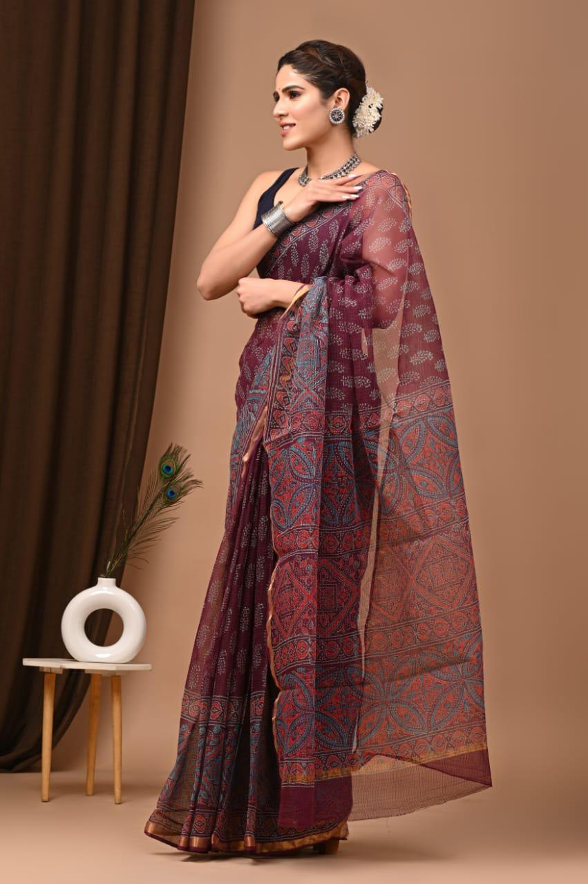 Authentic Maroon White Traditional Kota Doriya Print Saree