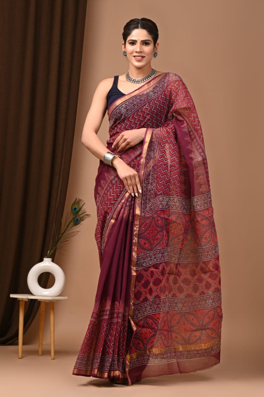 Authentic Maroon Traditional Kota Doriya Print Saree