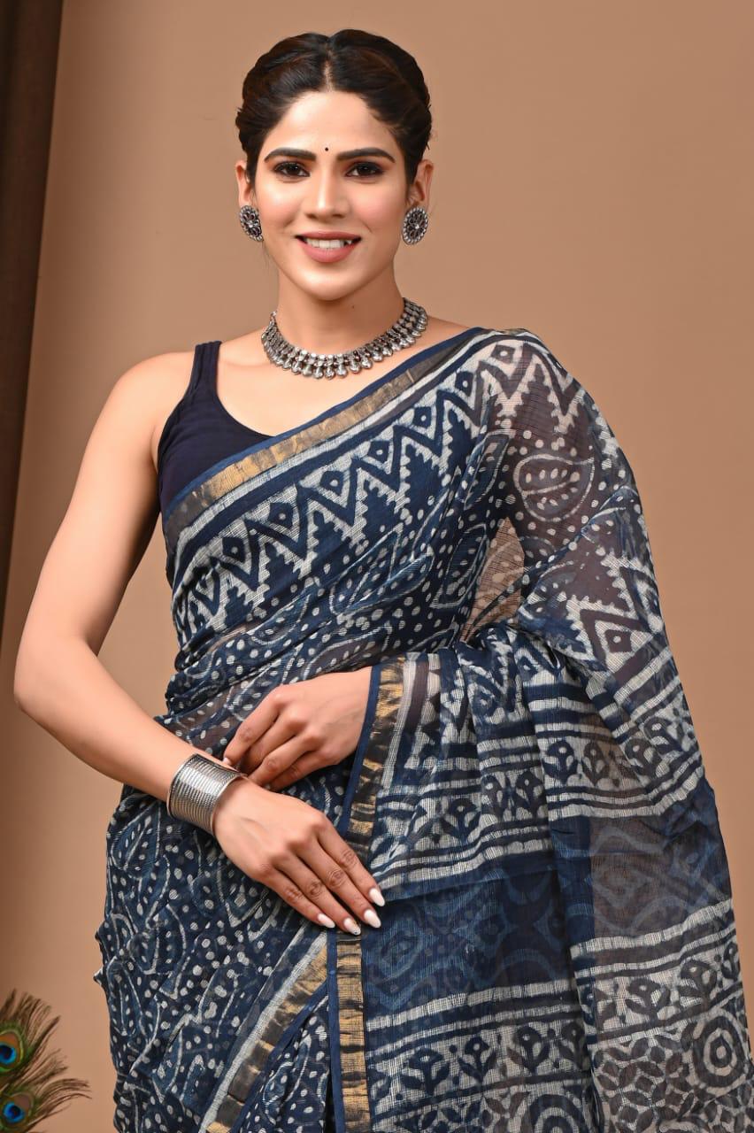 Authentic Turquoise Blue Traditional Kota Doriya Print Saree