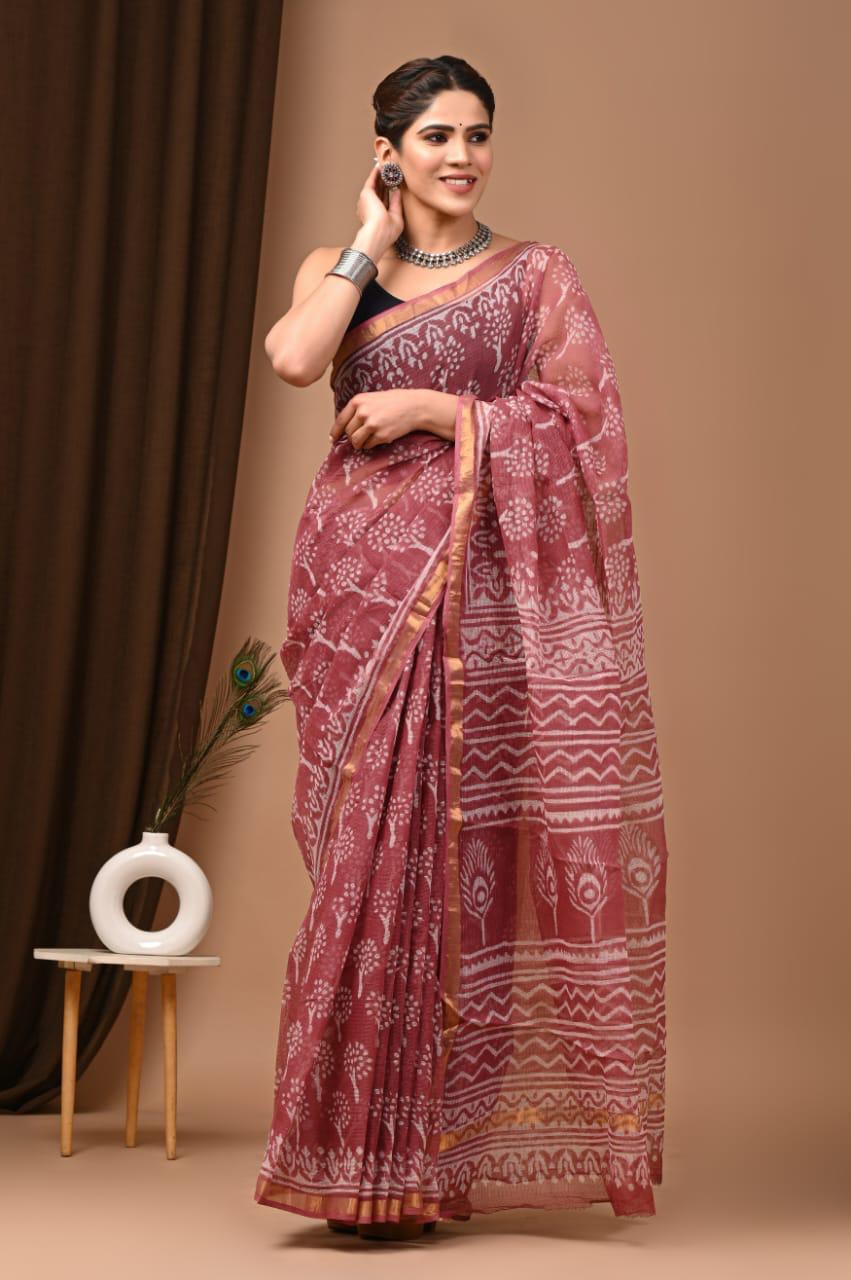 Charming Reddish Brown Traditional Kota Doriya Print Saree