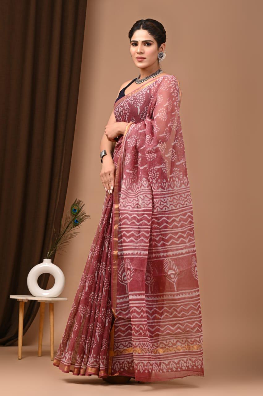 Charming Reddish Brown Traditional Kota Doriya Print Saree