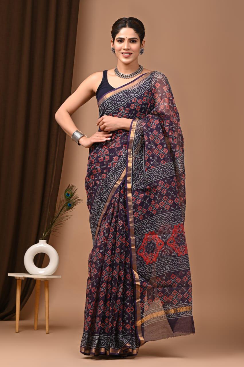 Authentic Ink Blue Traditional Kota Doriya Print Saree