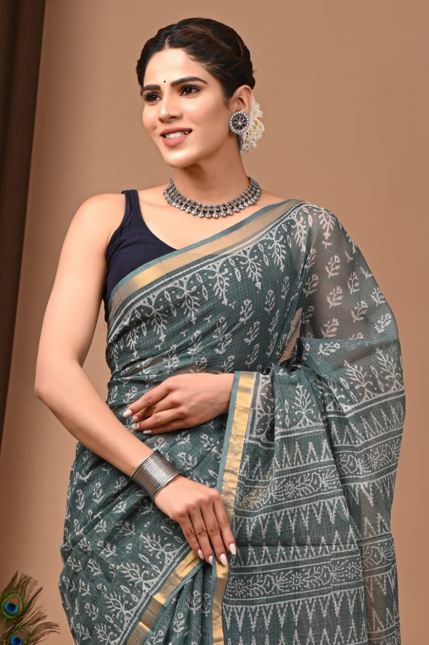 Authentic Forest Green Traditional Kota Doriya Print Saree