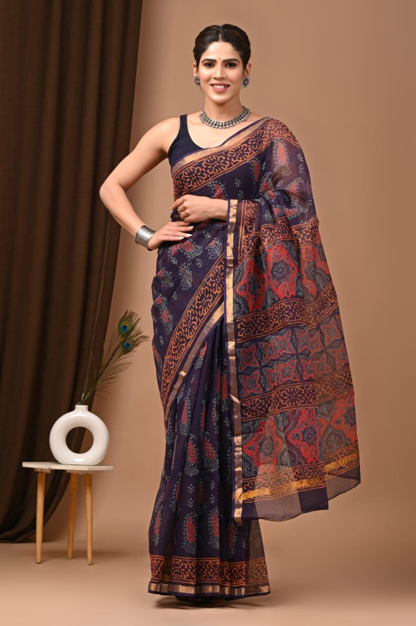 Authentic Cobalt Blue Traditional Kota Doriya Print Saree