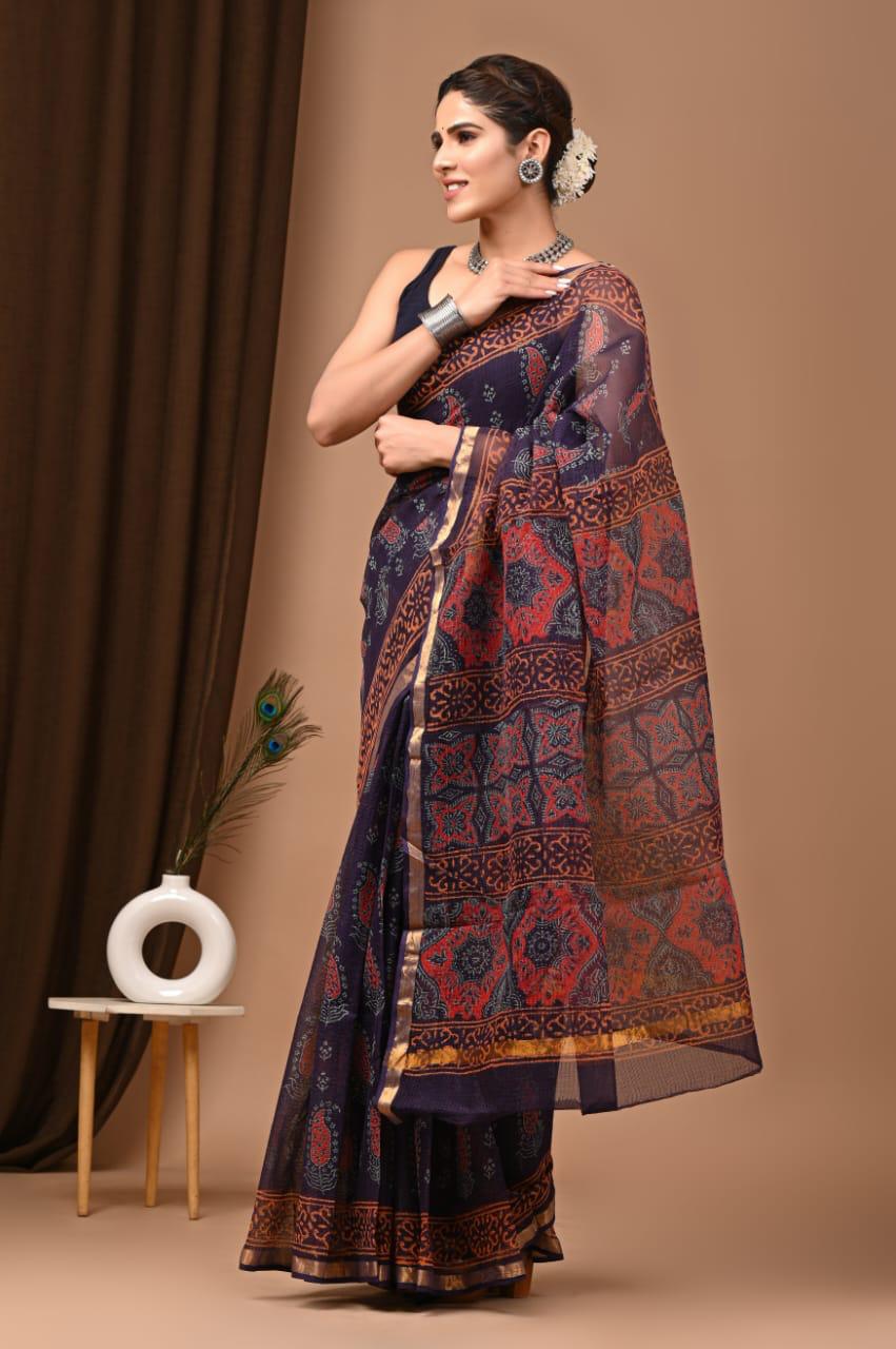 Authentic Cobalt Blue Traditional Kota Doriya Print Saree