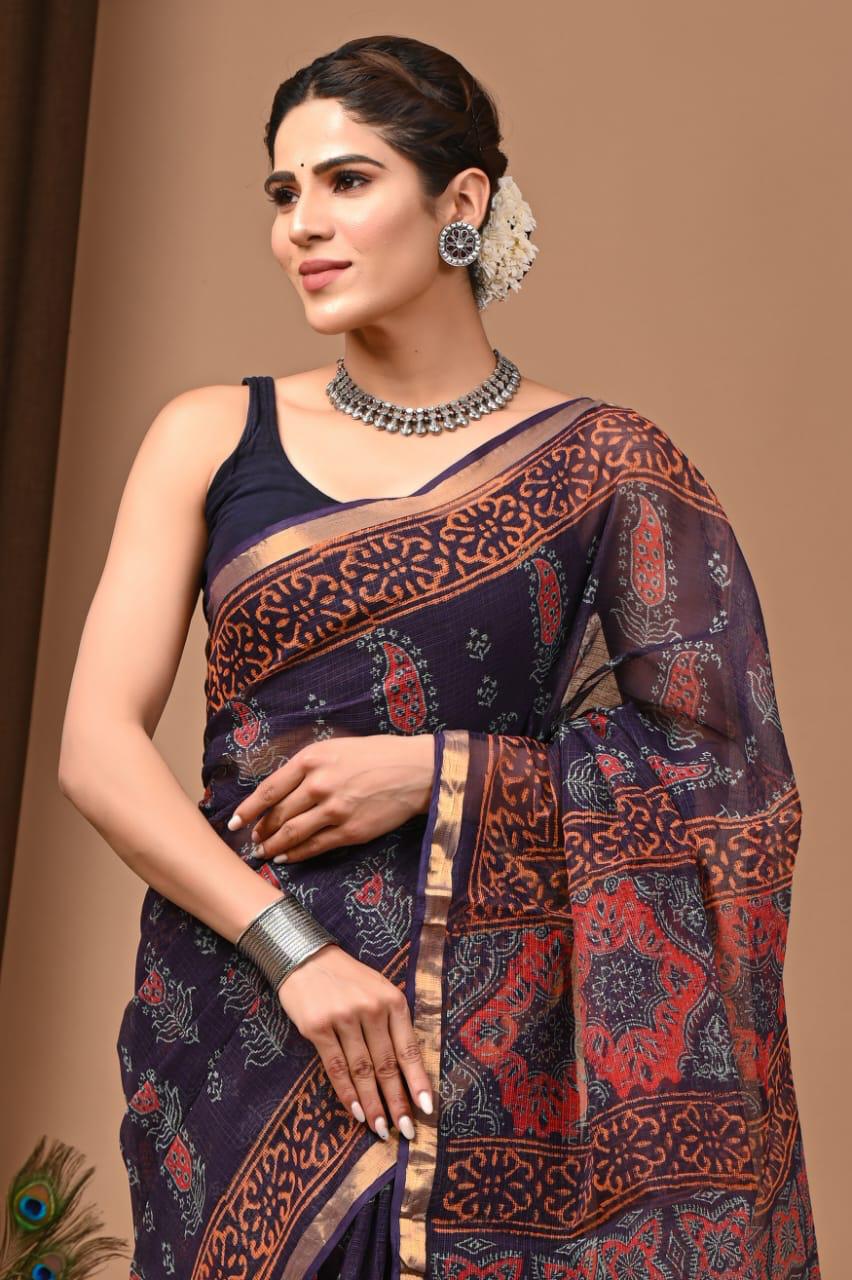 Authentic Cobalt Blue Traditional Kota Doriya Print Saree