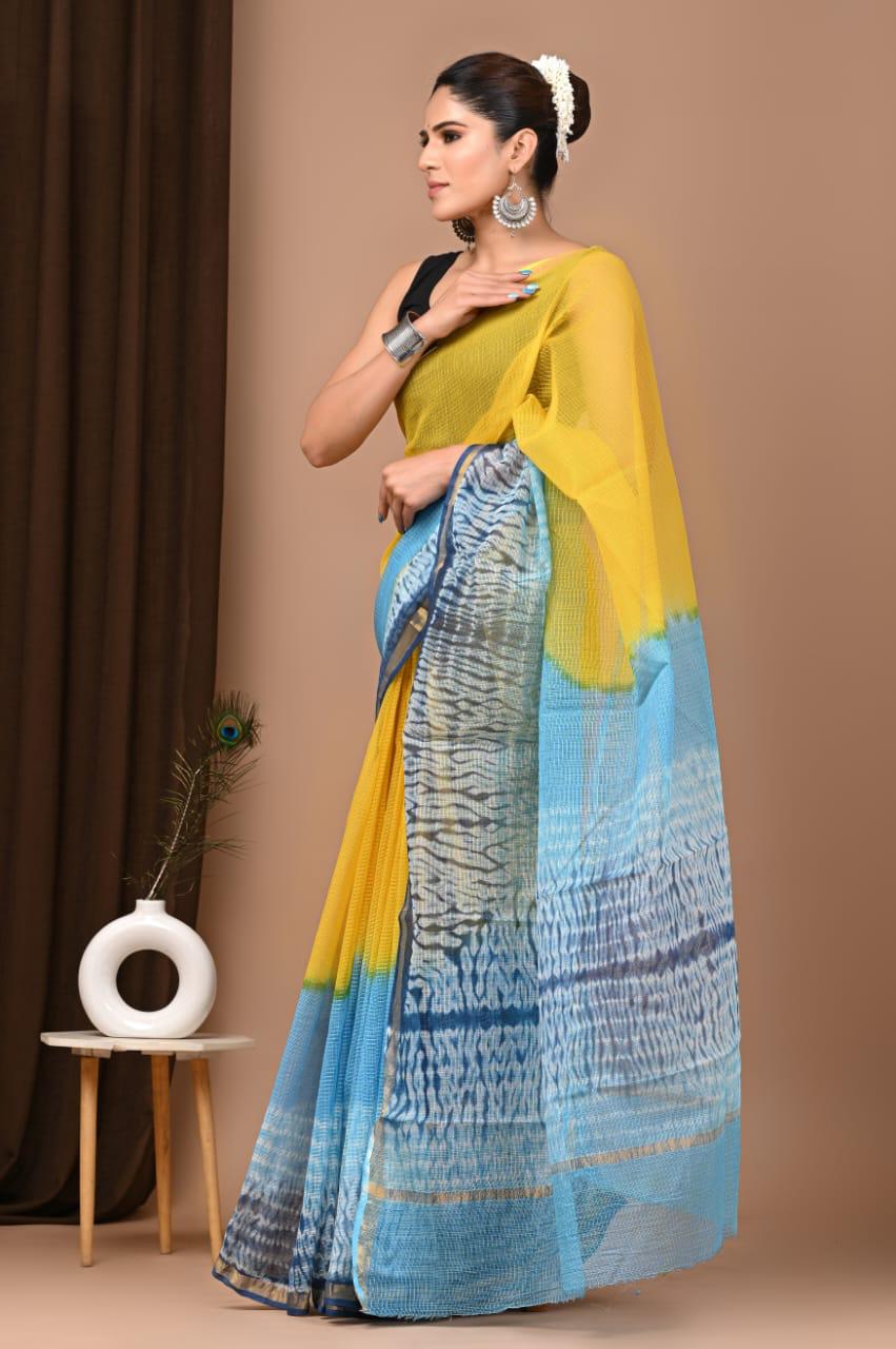 Authentic Yellow & Blue Traditional Kota Doriya Print Saree