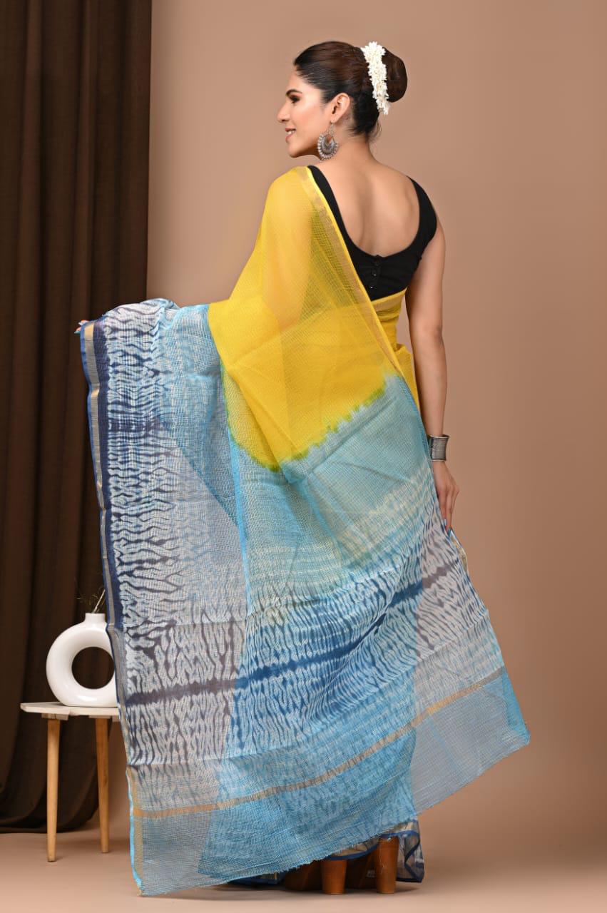 Authentic Yellow & Blue Traditional Kota Doriya Print Saree