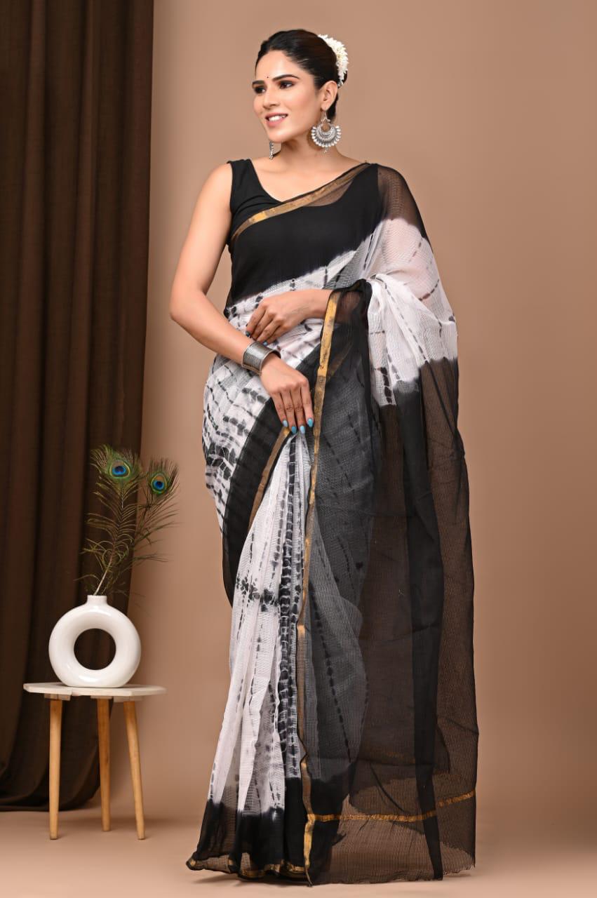 Authentic White & Black Traditional Kota Doriya Print Saree