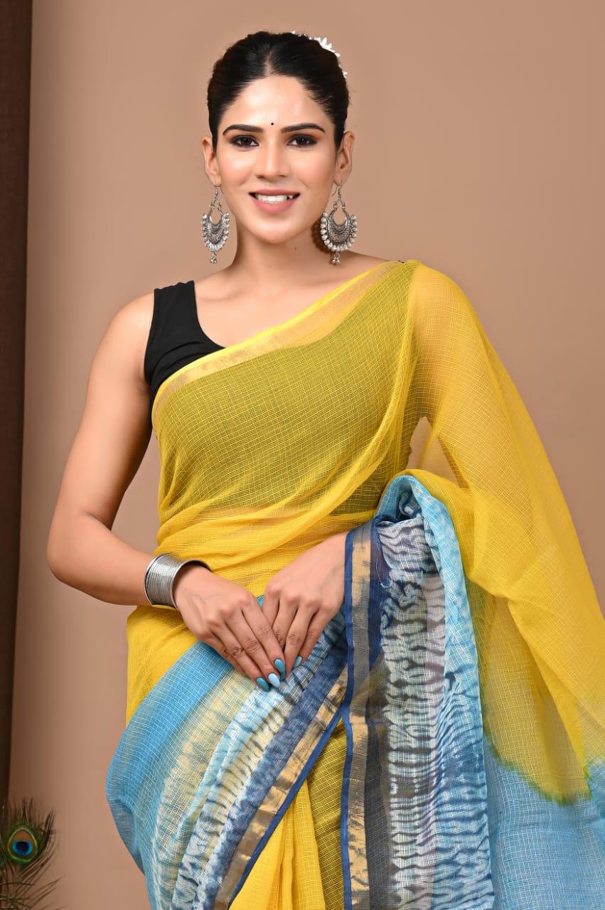 Authentic Yellow & Blue Traditional Kota Doriya Print Saree