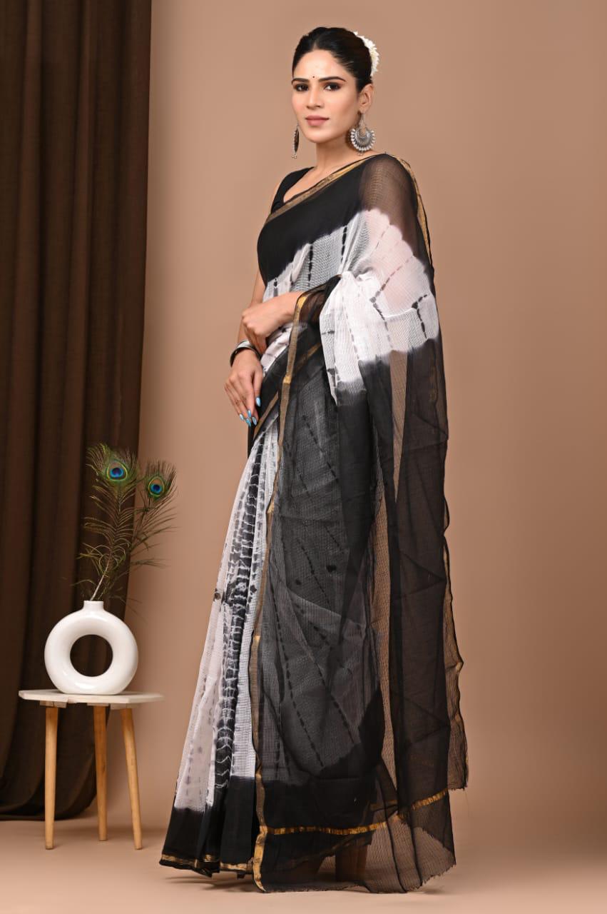 Authentic White & Black Traditional Kota Doriya Print Saree