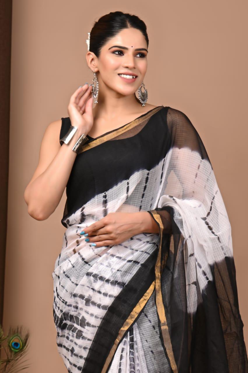 Authentic White & Black Traditional Kota Doriya Print Saree