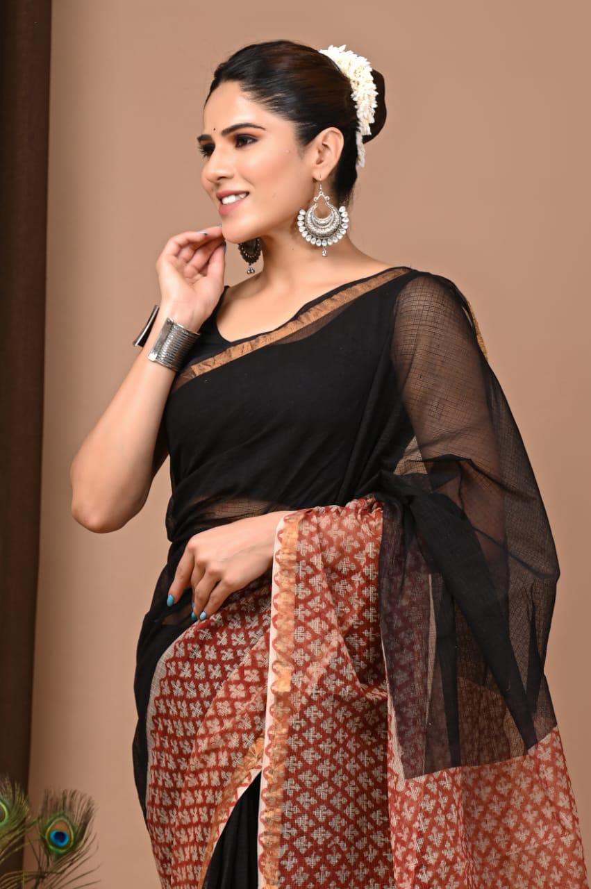 Authentic Black & Red Traditional Kota Doriya Print Saree