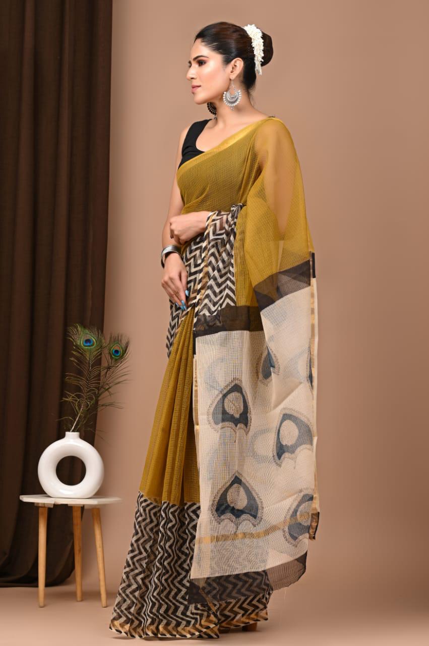 Authentic Yellow Traditional Kota Doriya Print Saree