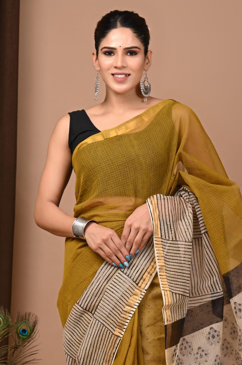 Authentic Soft Yellow Traditional Kota Doriya Print Saree