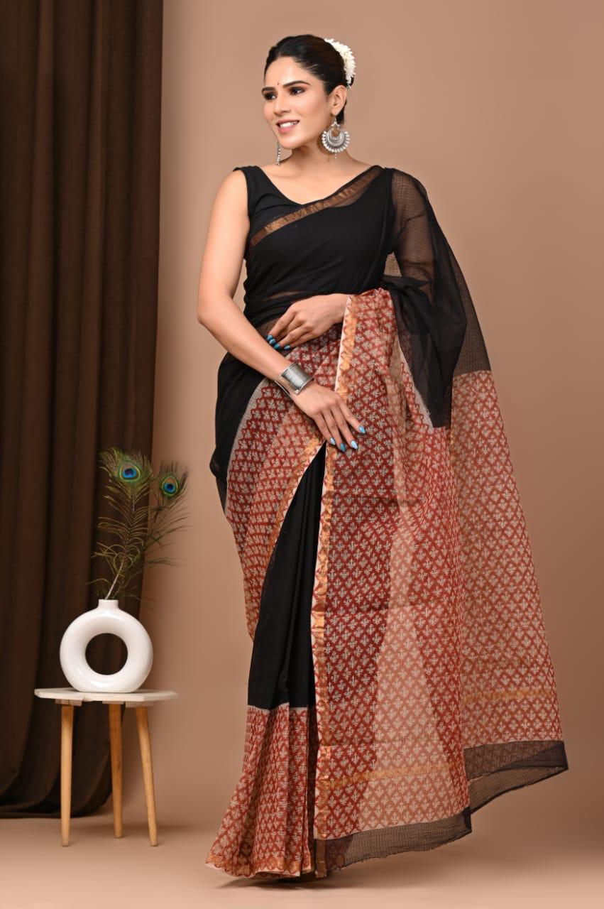 Authentic Black & Red Traditional Kota Doriya Print Saree