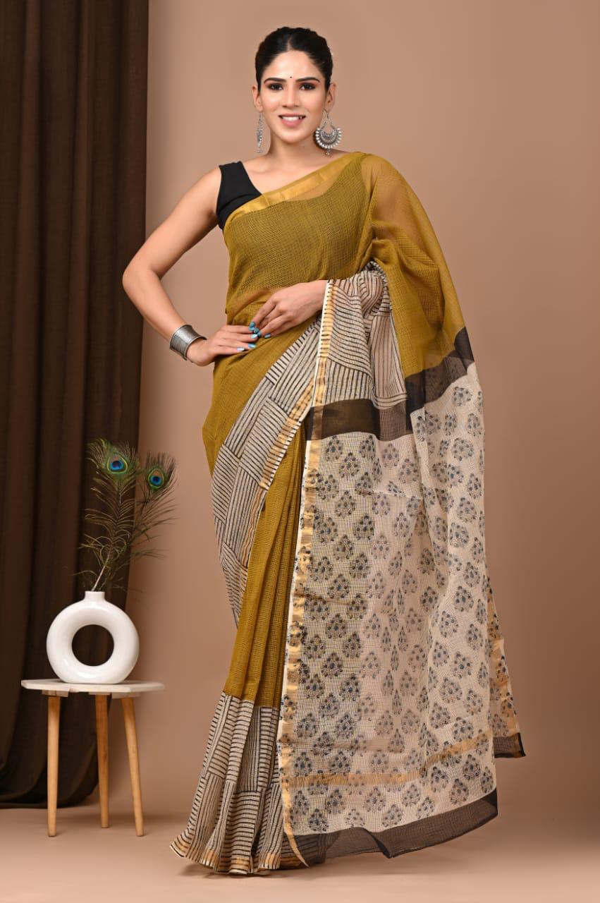 Authentic Soft Yellow Traditional Kota Doriya Print Saree