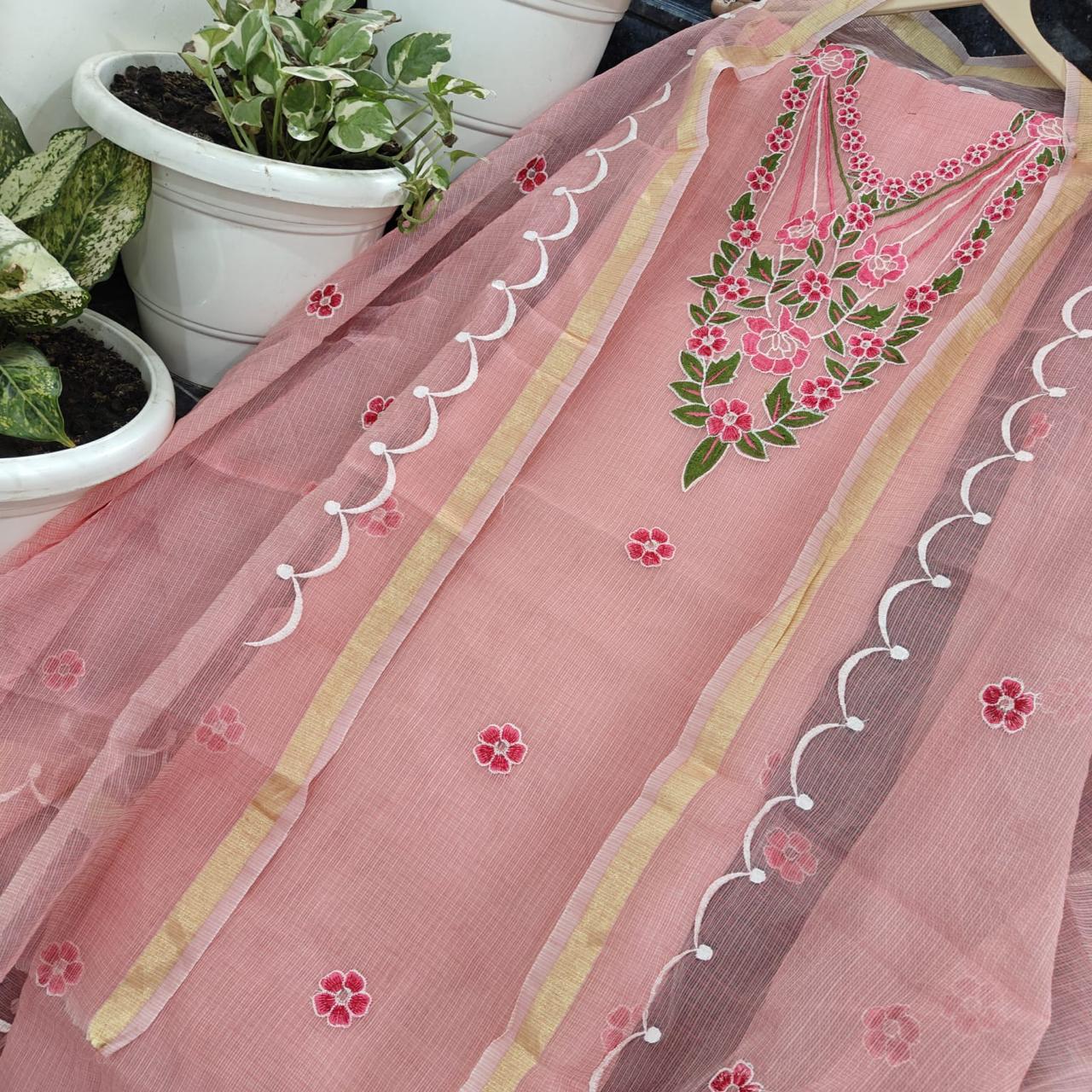 Kota Doria Embroidered Suit Set In peach