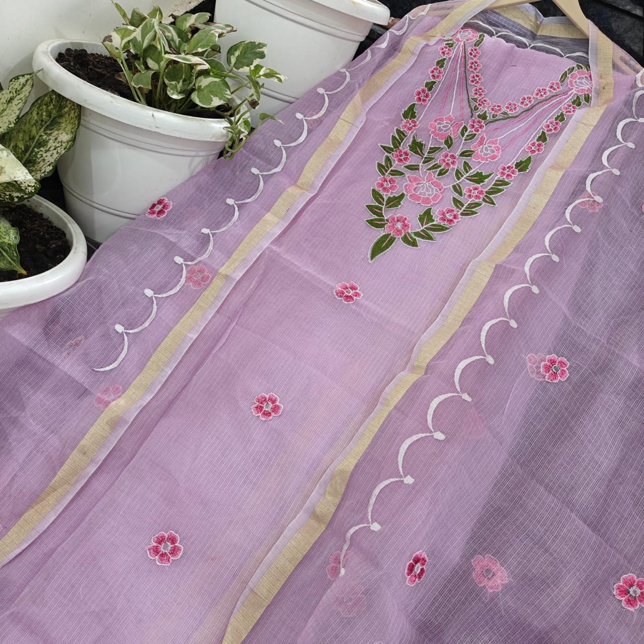 Kota Doria Embroidered Suit Set In Lavender Colour