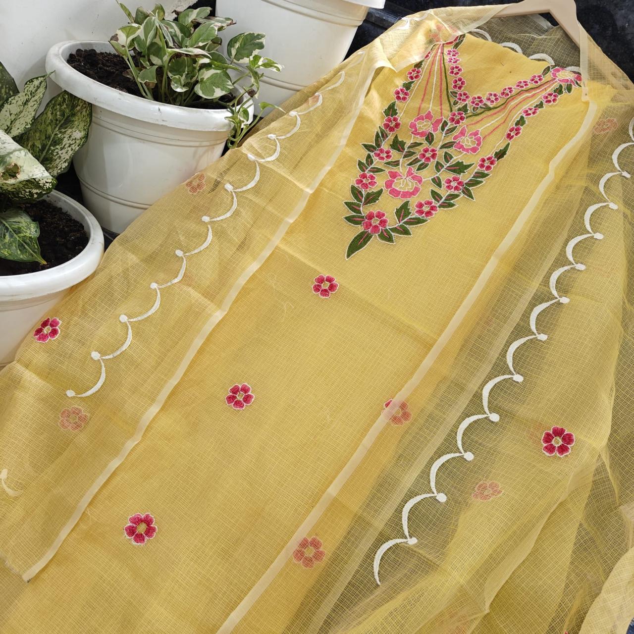 Kota Doria Embroidered Suit Set In Yellow