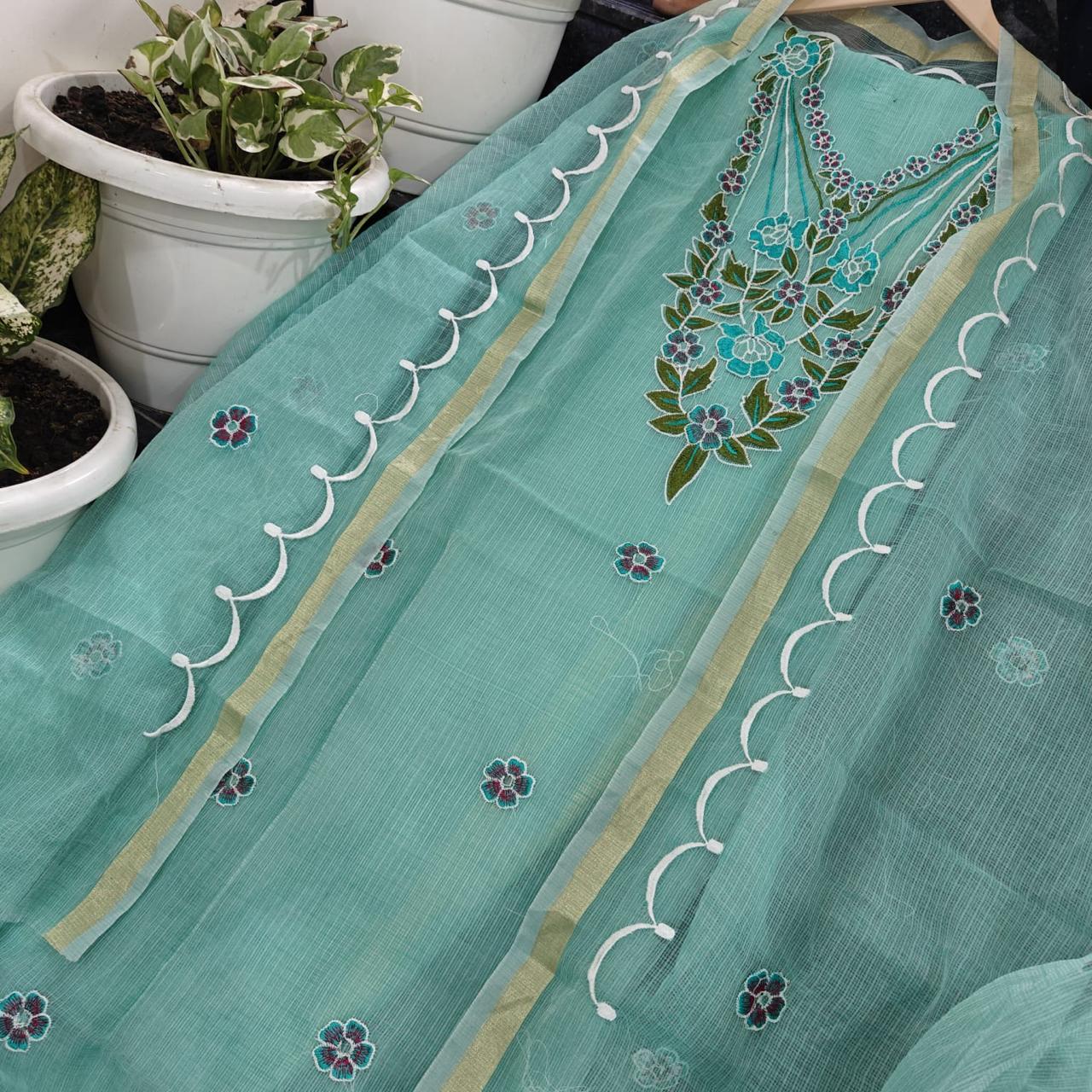 Kota Doria Embroidered Suit Set In Sea Green