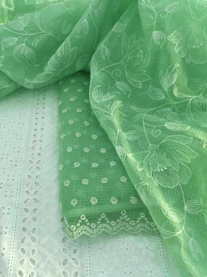 Kota Doriya Embroidery Work Suit In Green