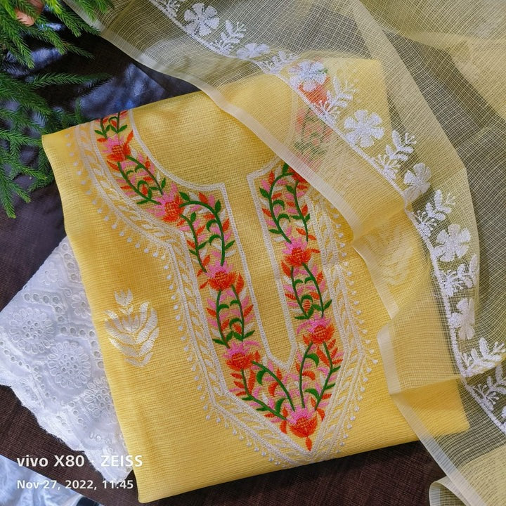 Kota Doriya Embroidery Work Suit In Yellow