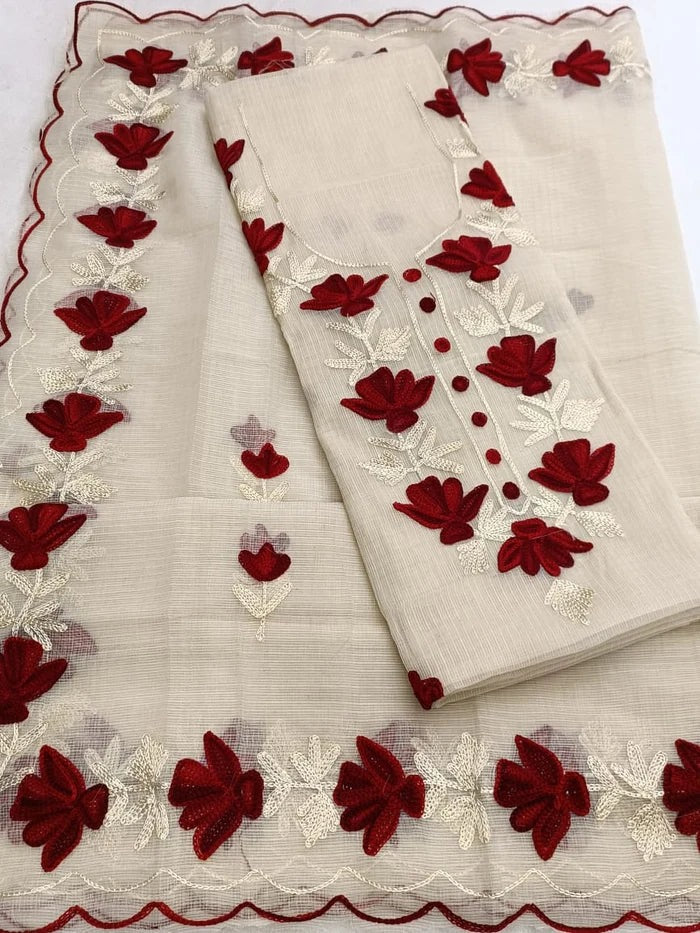 Kota Doriya Embroidery Work Suit In Off White