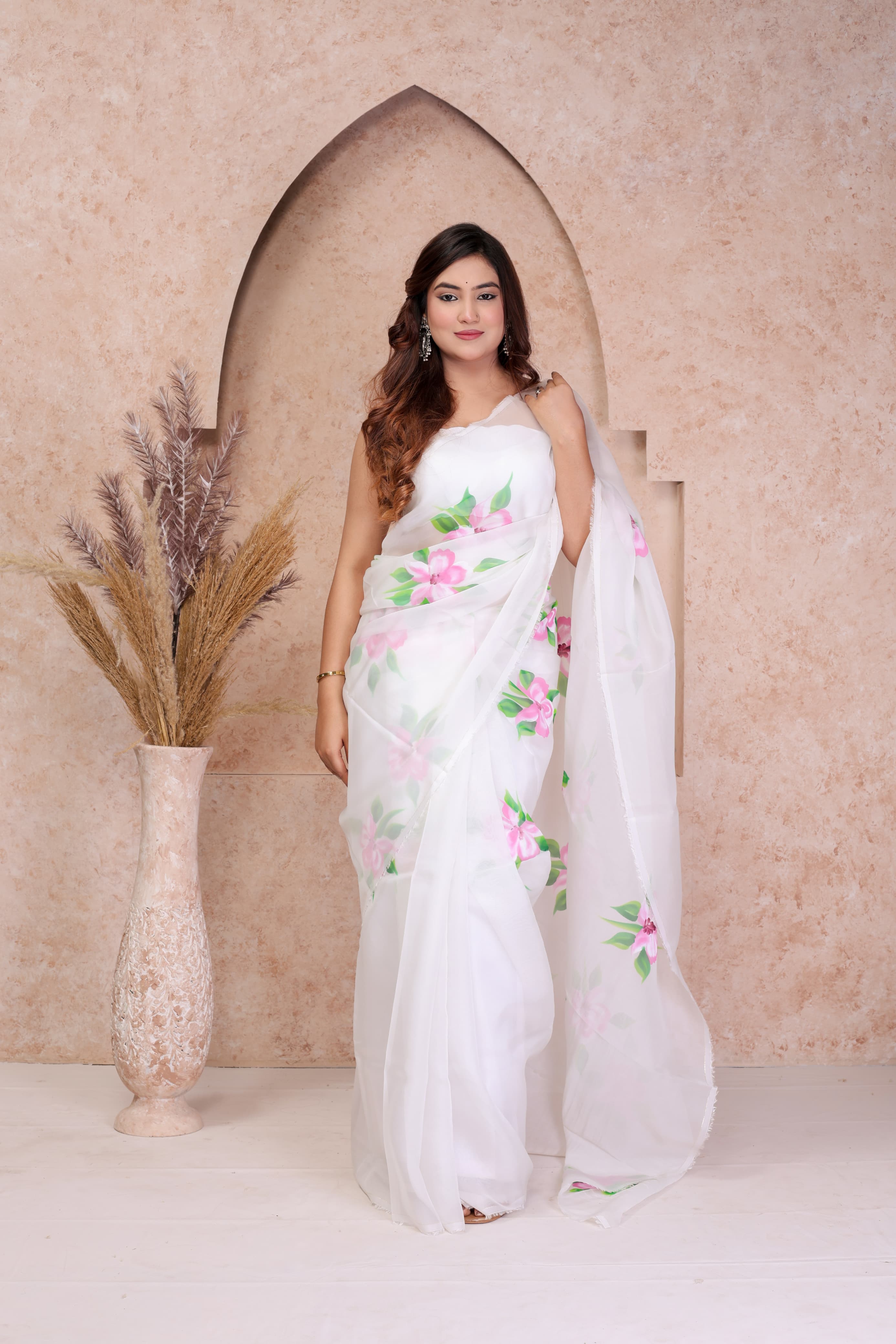 White Organza Hand Painted Saree