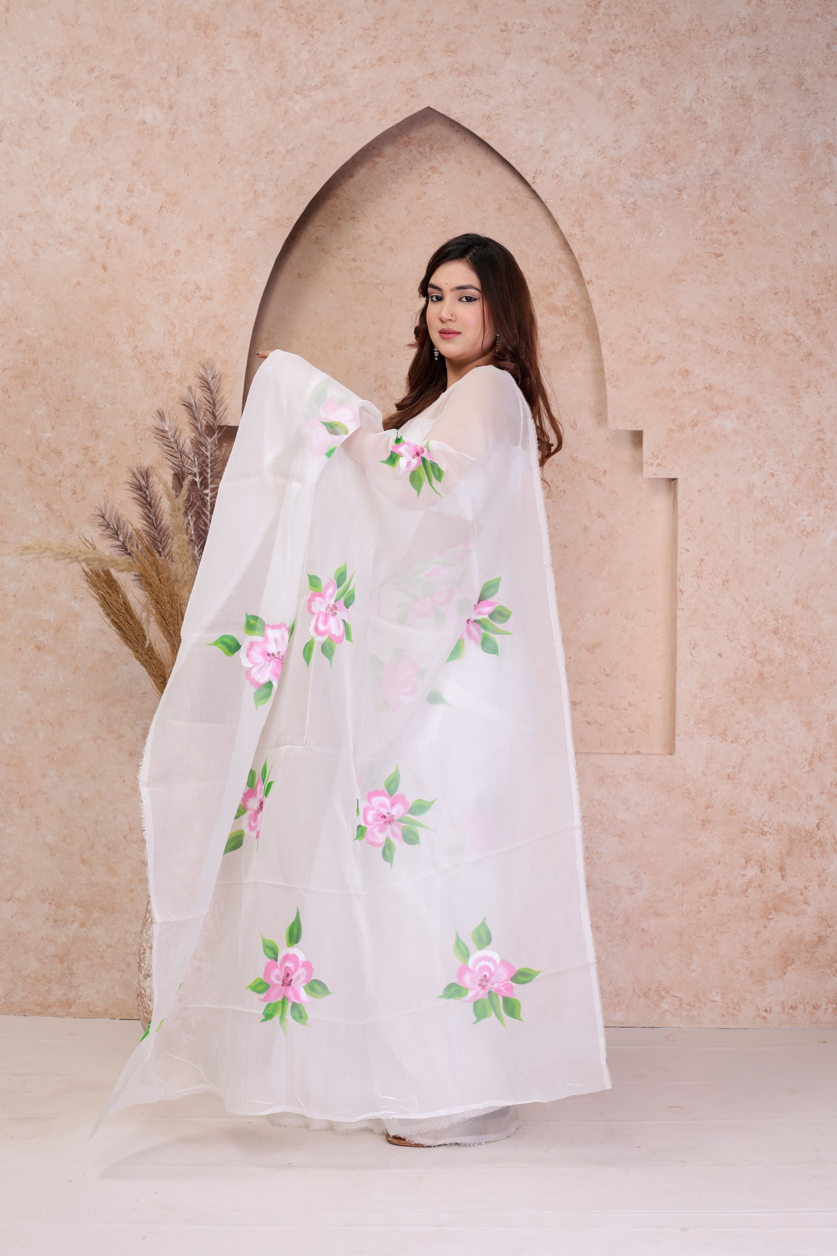 White Organza Hand Painted Saree