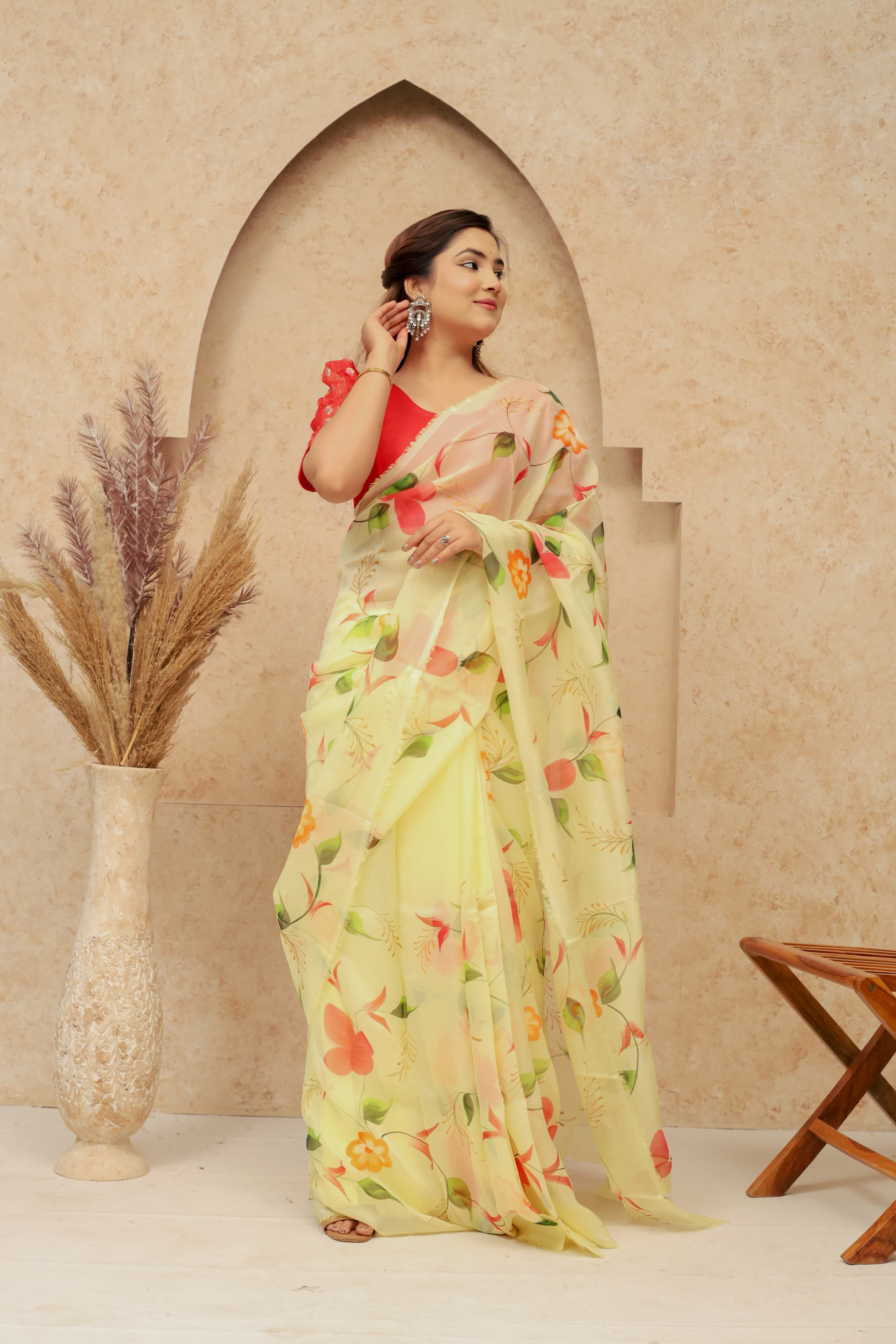 Organza Hand Painted Saree In Lemon Yellow