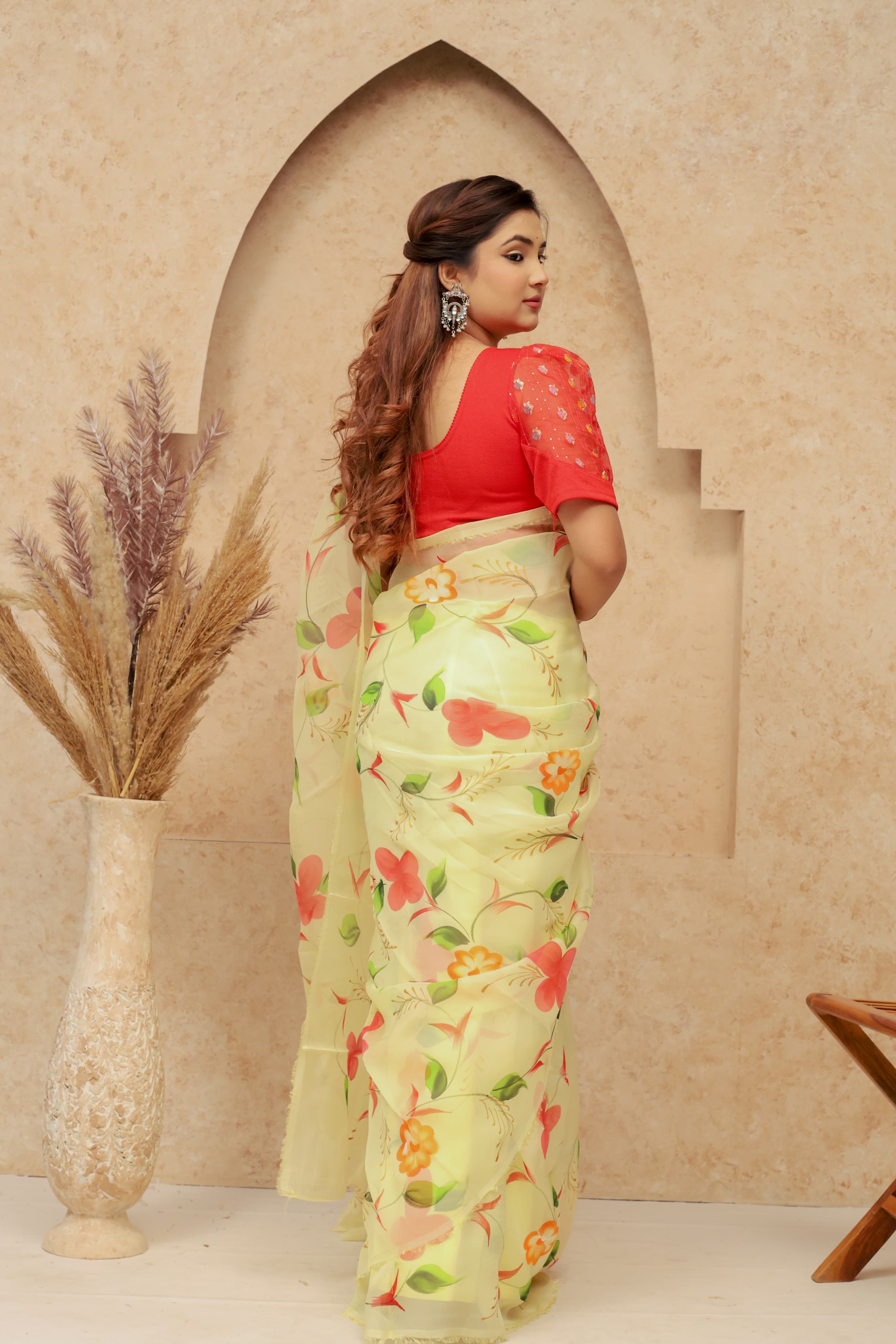 Organza Hand Painted Saree In Lemon Yellow