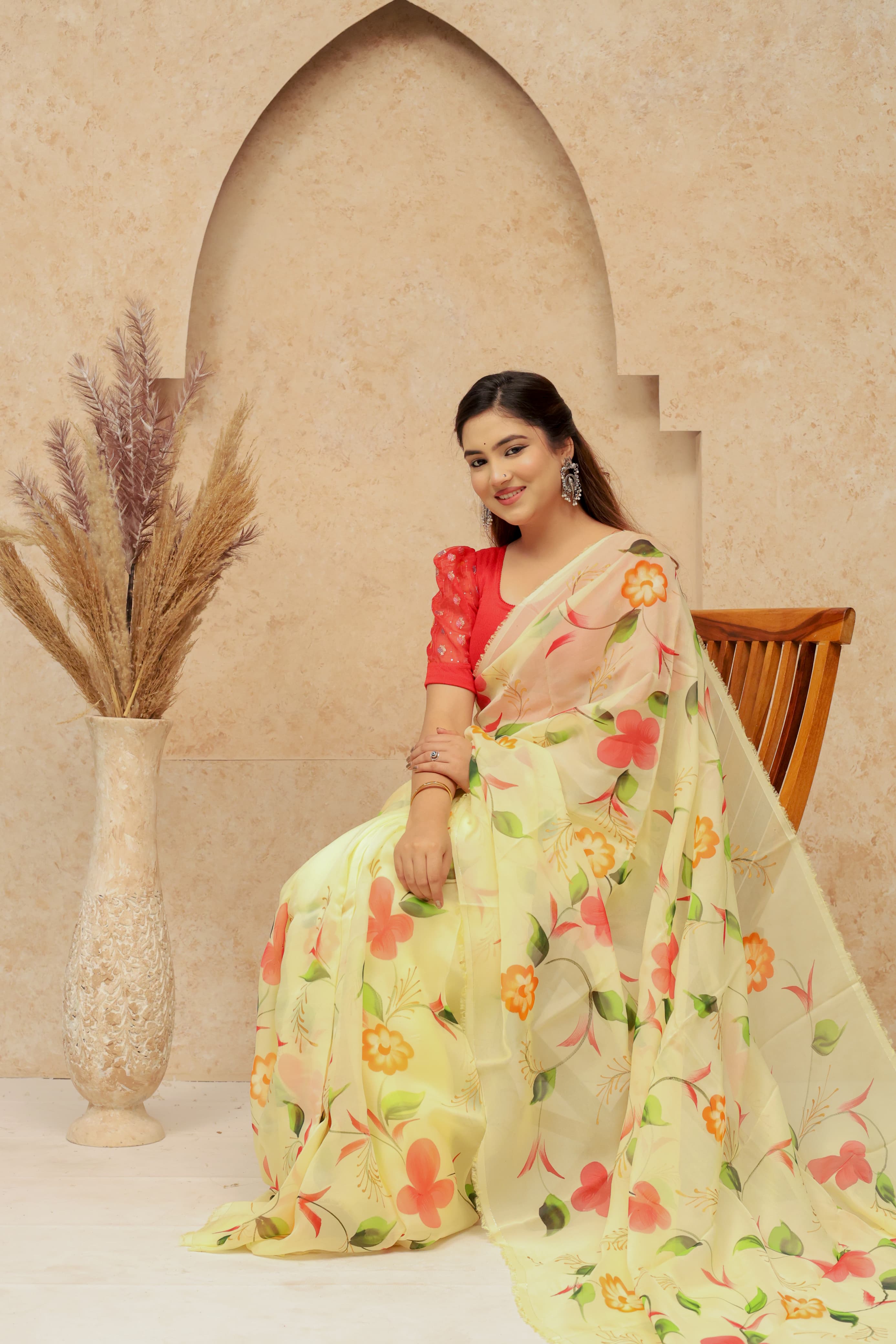 Organza Hand Painted Saree In Lemon Yellow