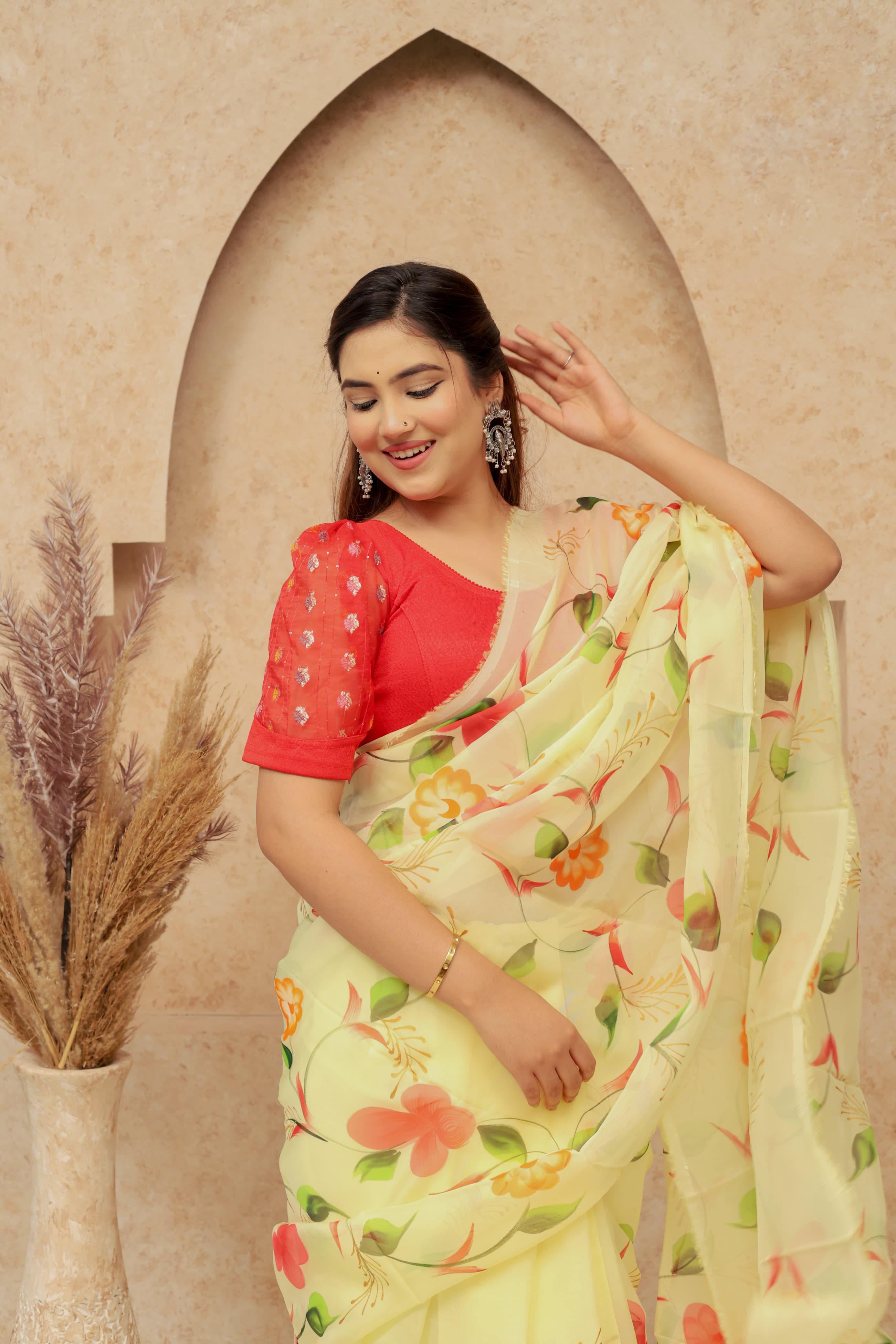 Organza Hand Painted Saree In Lemon Yellow