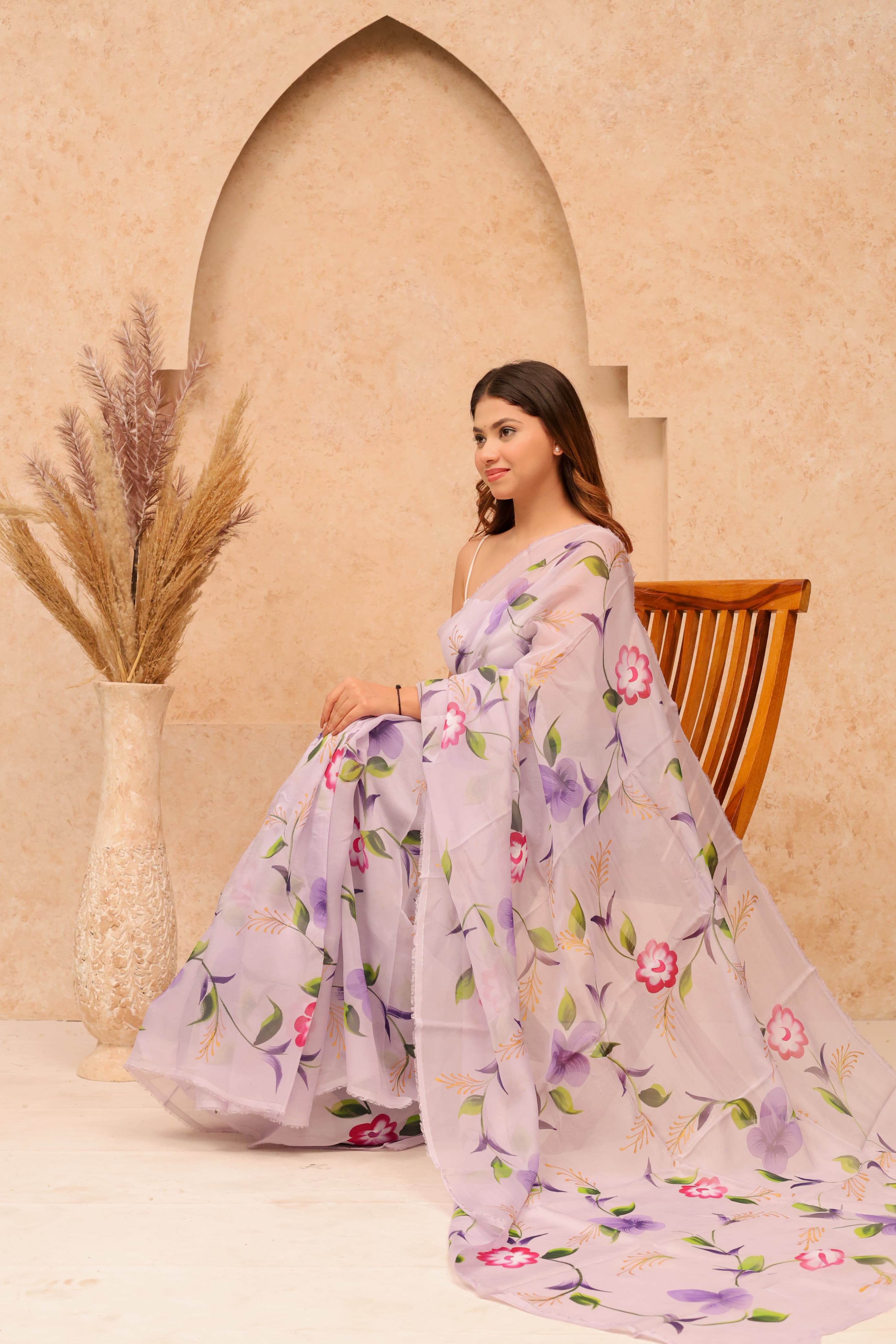 Organza Hand Painted Saree In Lavender Colour