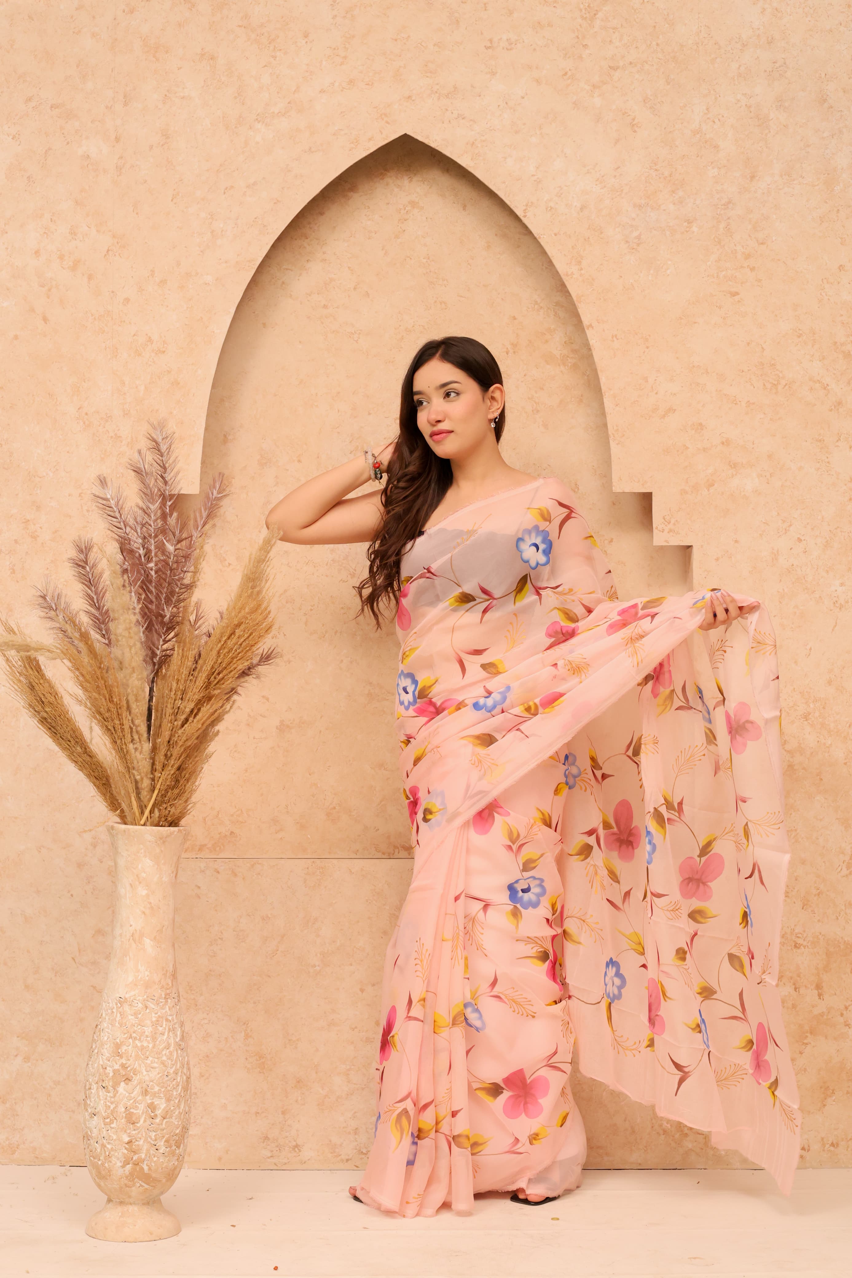 Organza Hand Painted Saree In Peach