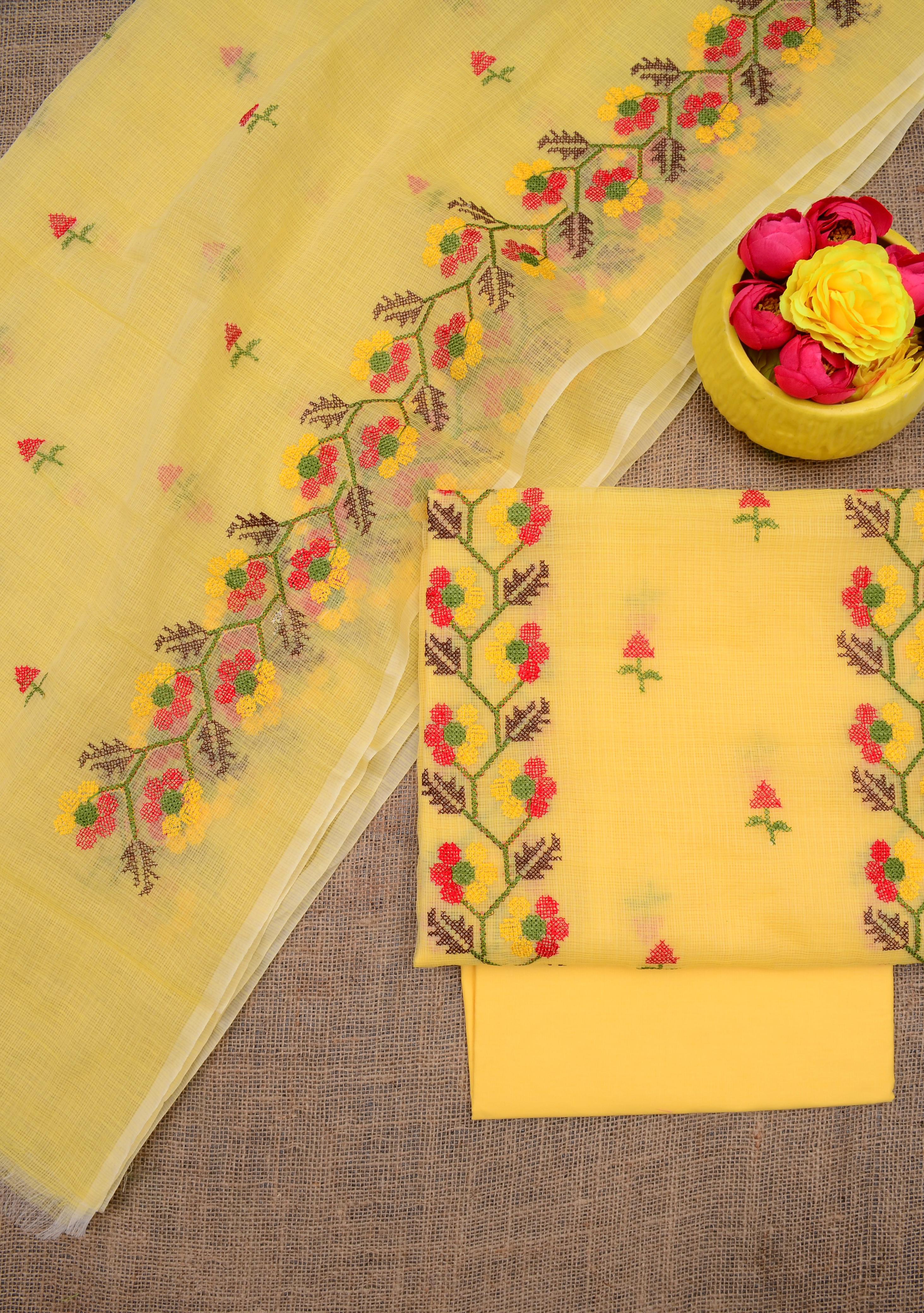 Beautiful Kota Doria Suit In Yellow Colour With Flower Embroidery Work