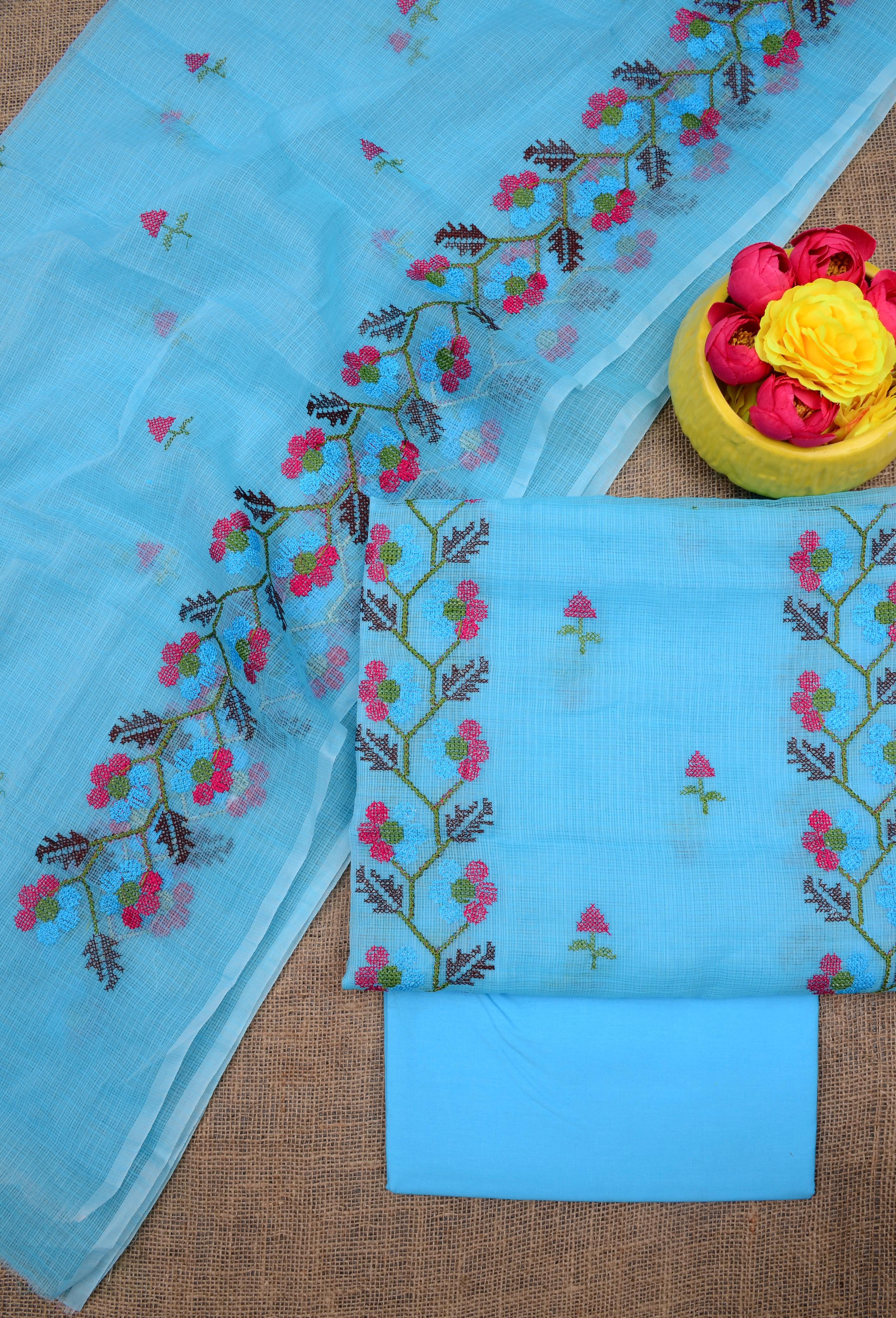 Beautiful Kota Doria Suit In Blue Colour With Flower Embroidery Work