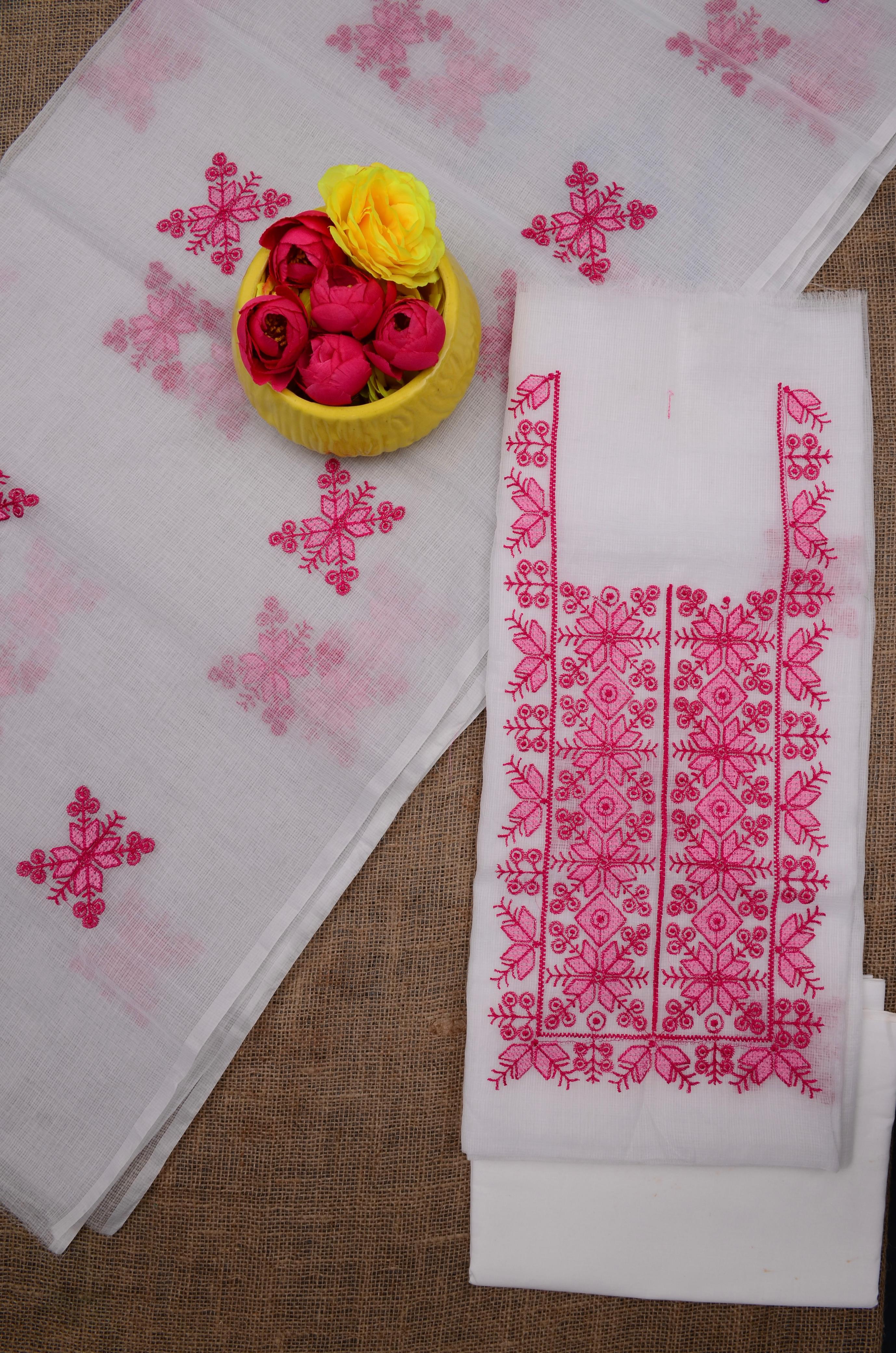 Beautiful Kota Doria Suit In white Colour With pink Embroidery Work