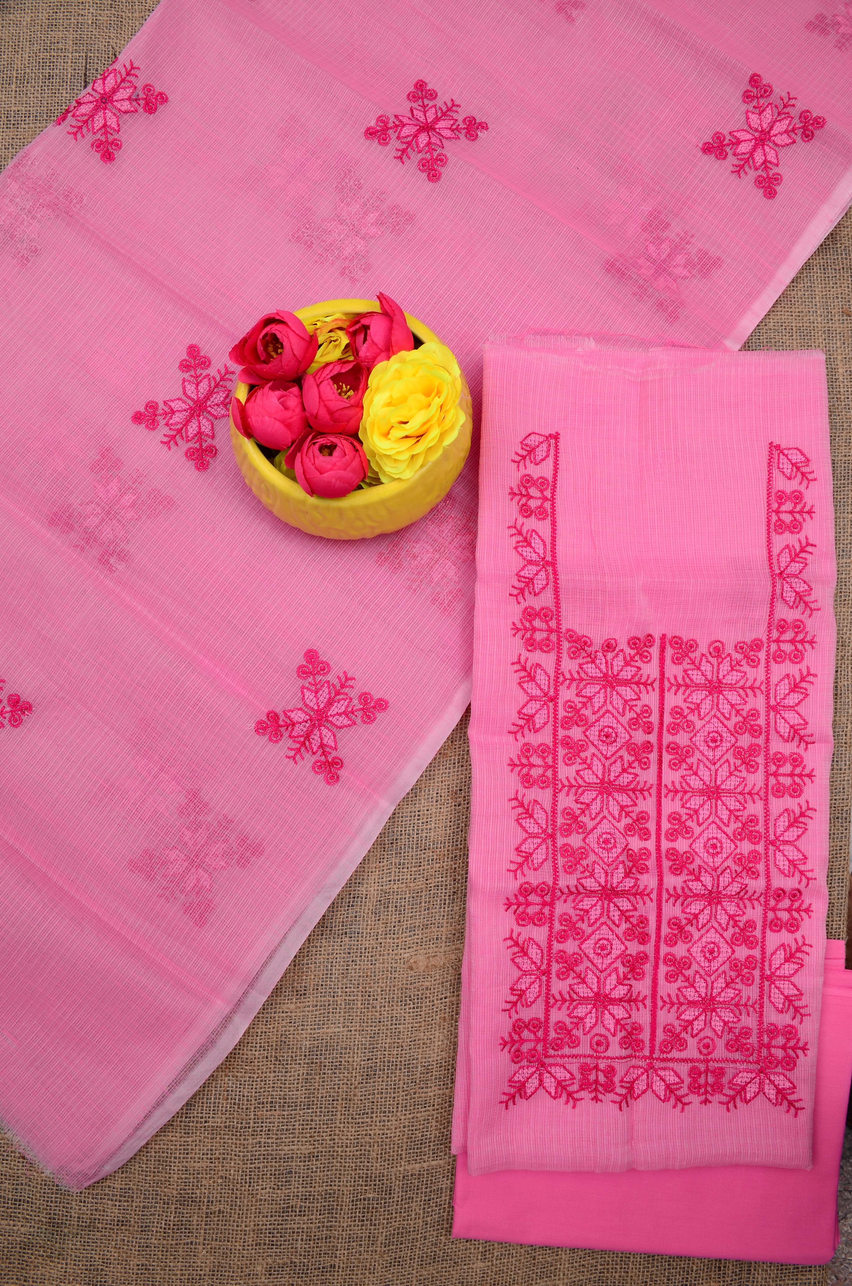 Beautiful Kota Doria Suit In Pink Colour With Embroidery Work