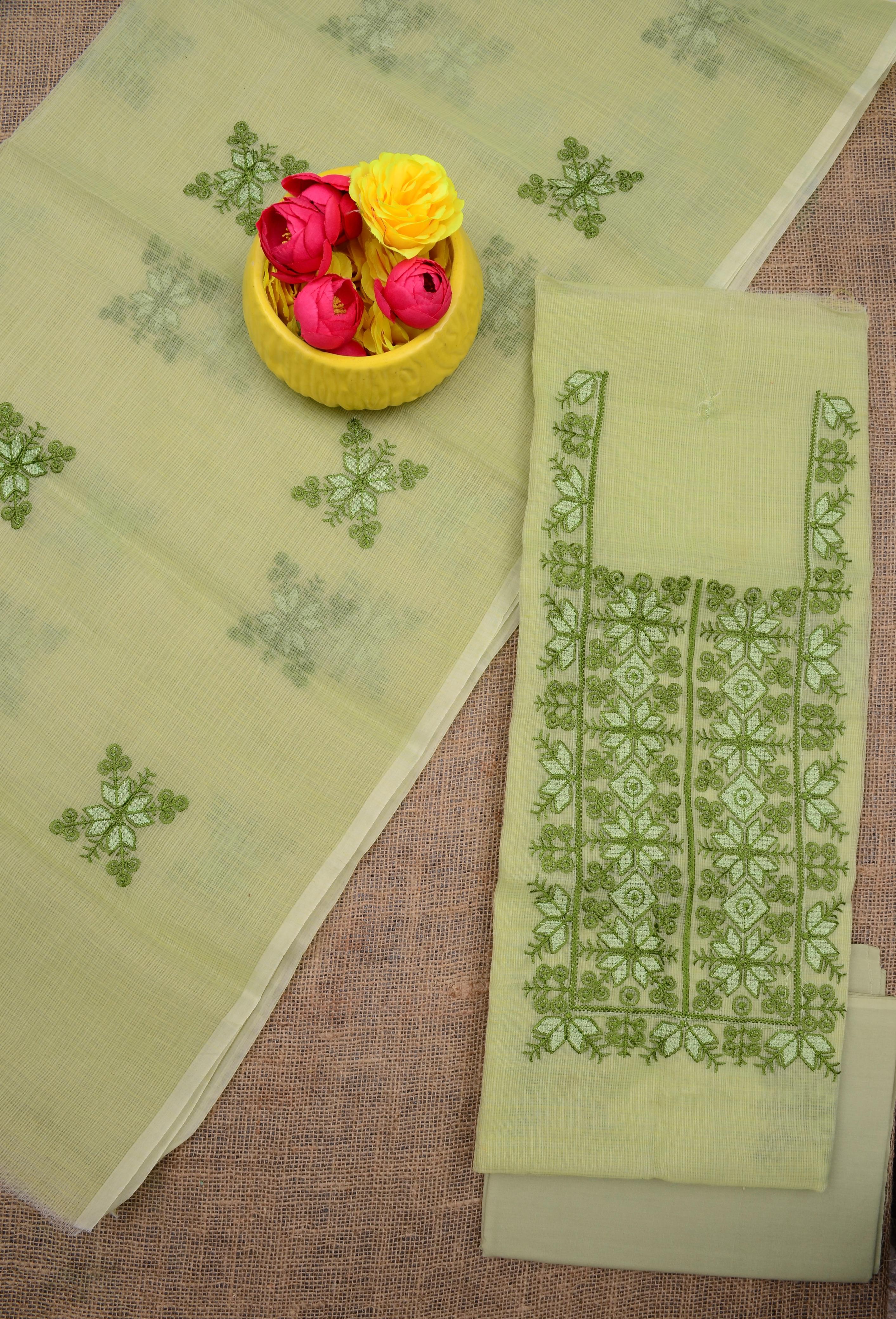 Beautiful Kota Doria Suit In Lime Green With Embroidery Work