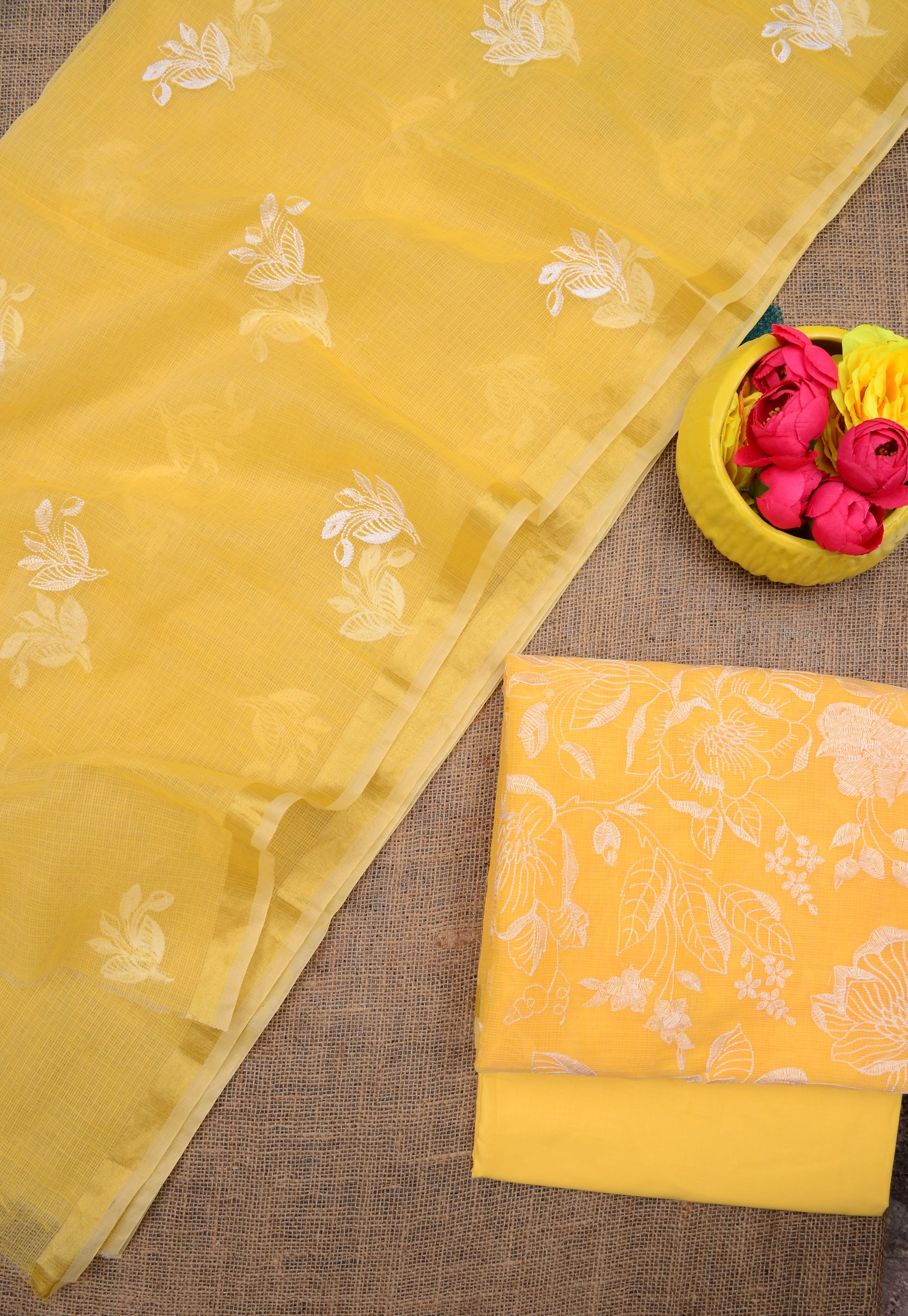 Kota Doriya Embroidery Work Suit In Yellow