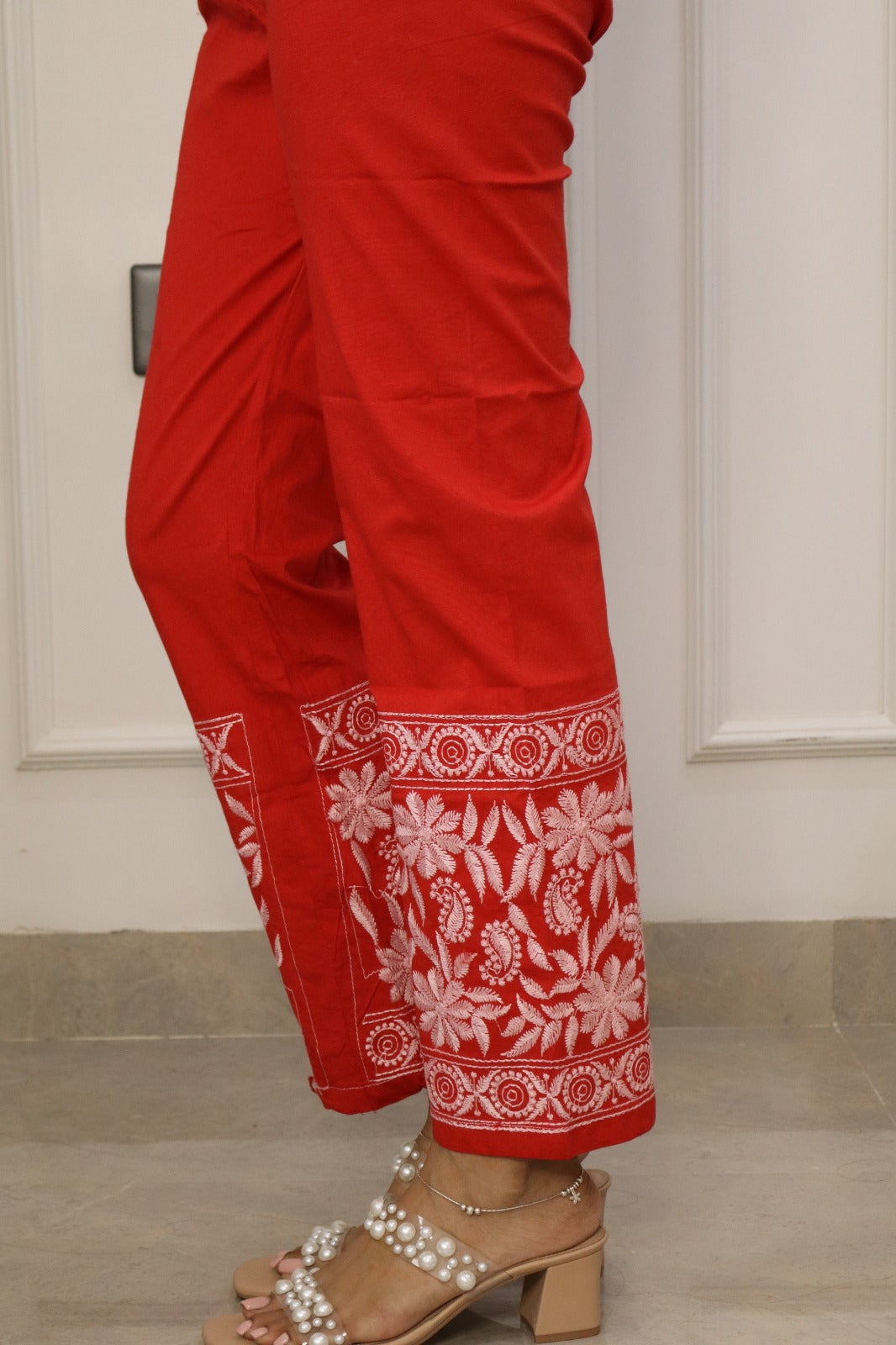 Red Chikankari cotton Kurti With Pant