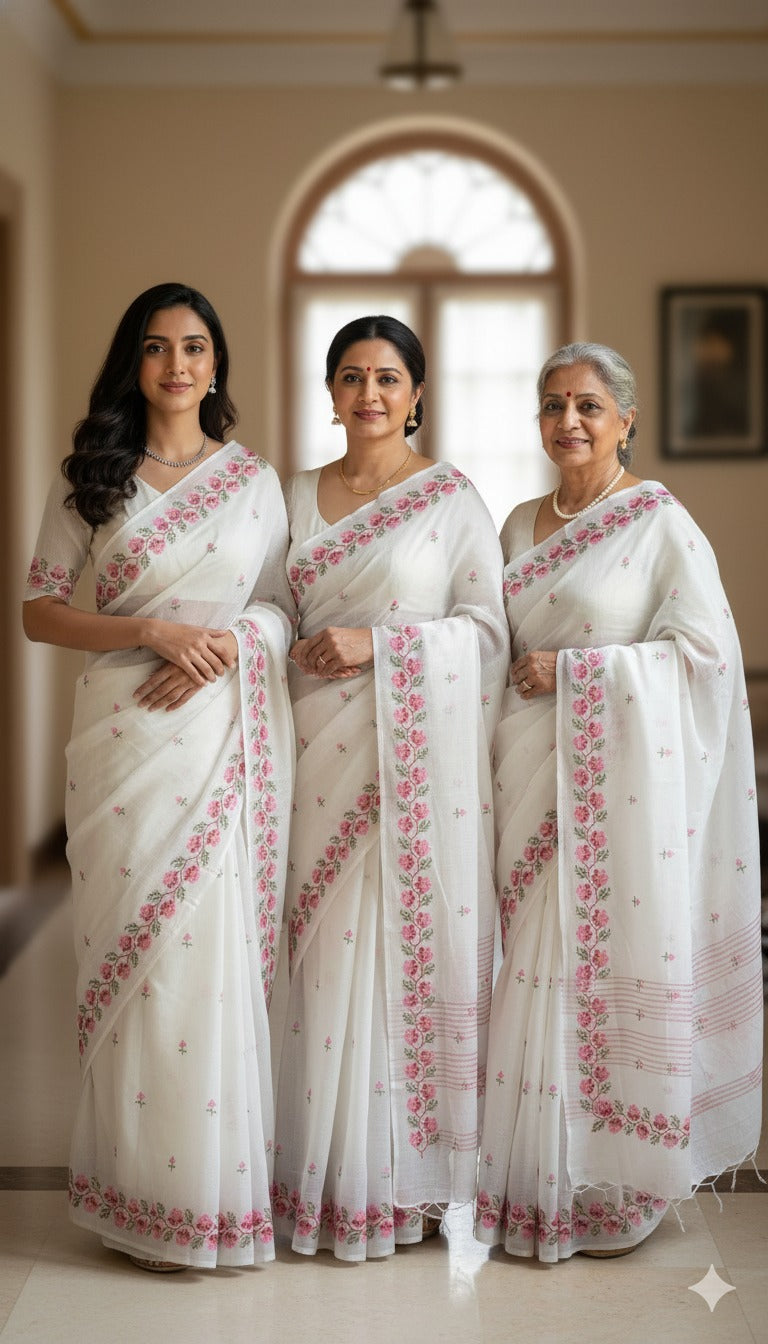 Morni- Cross Stitch Kota Doria Embroidery Work Saree In White